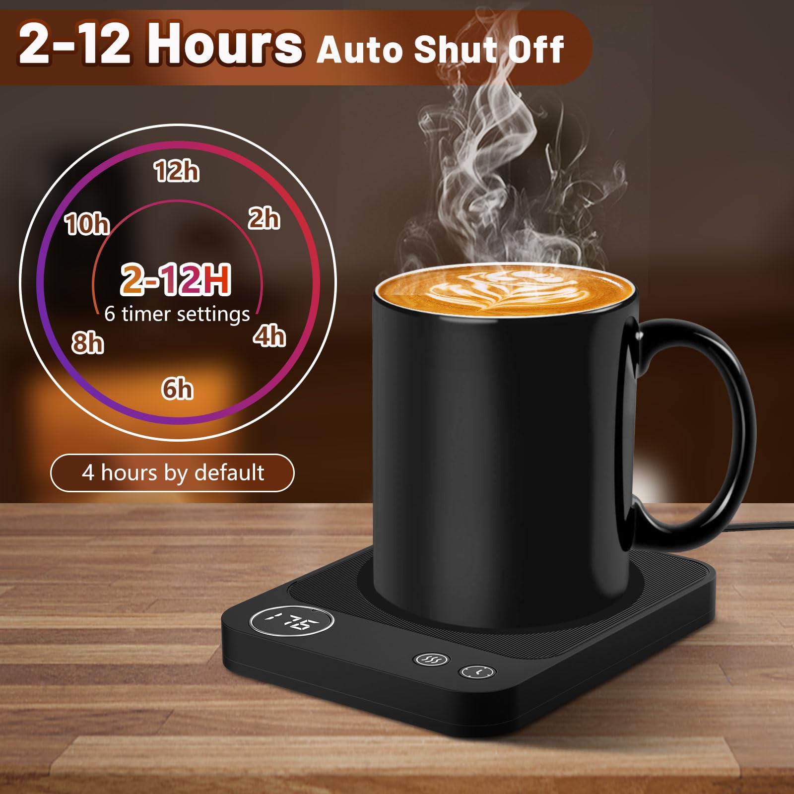 Wenvinda Mug Warmer - 3-Temperature Electric Coffee Warmer with Auto Shut Off, Digital Display, Black, Model K