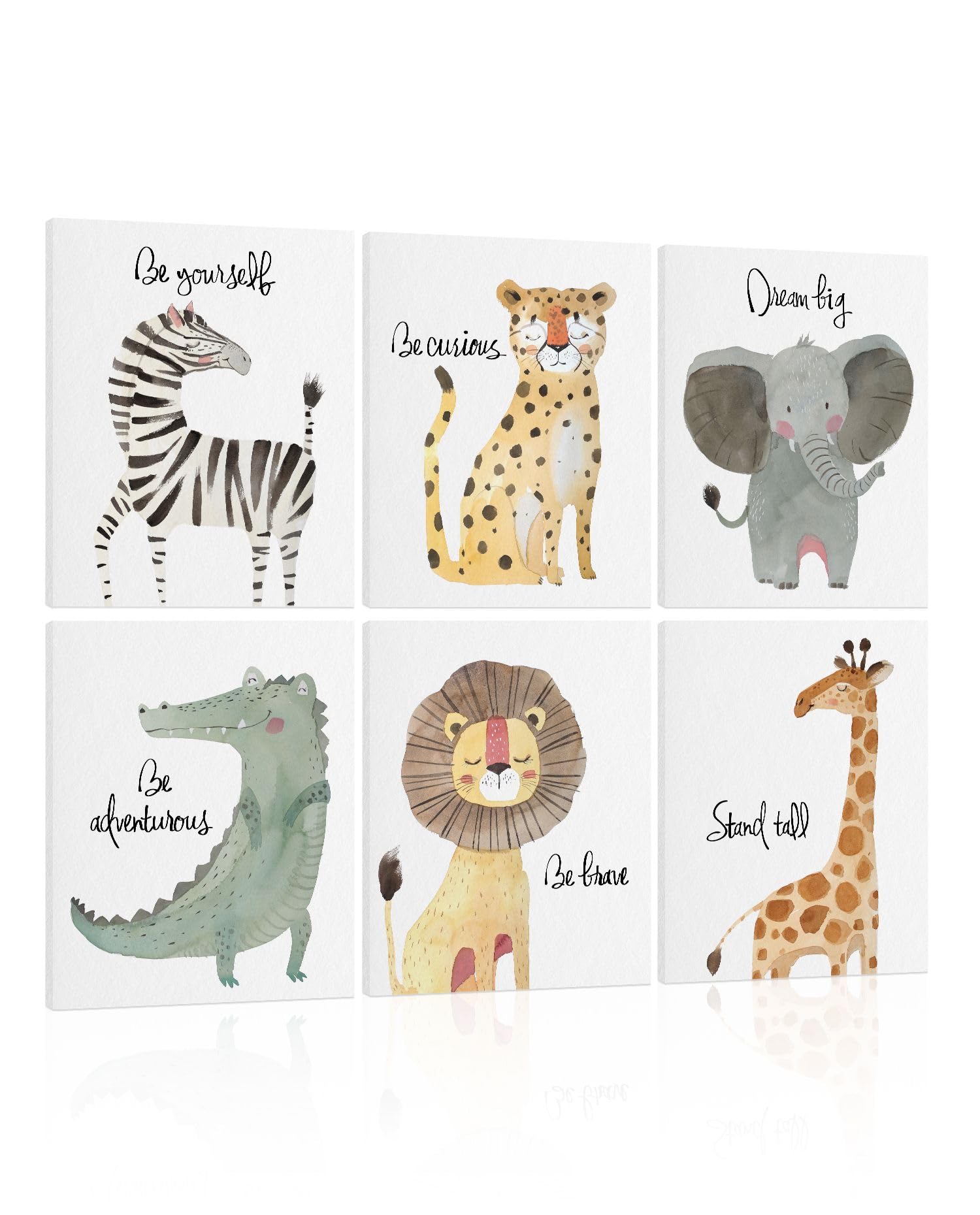 Hlj Art Safari Animal Poster Set: Inspirational Quotes Kids Wall Art, 6 Framed Polyester Panels For Nursery Decor