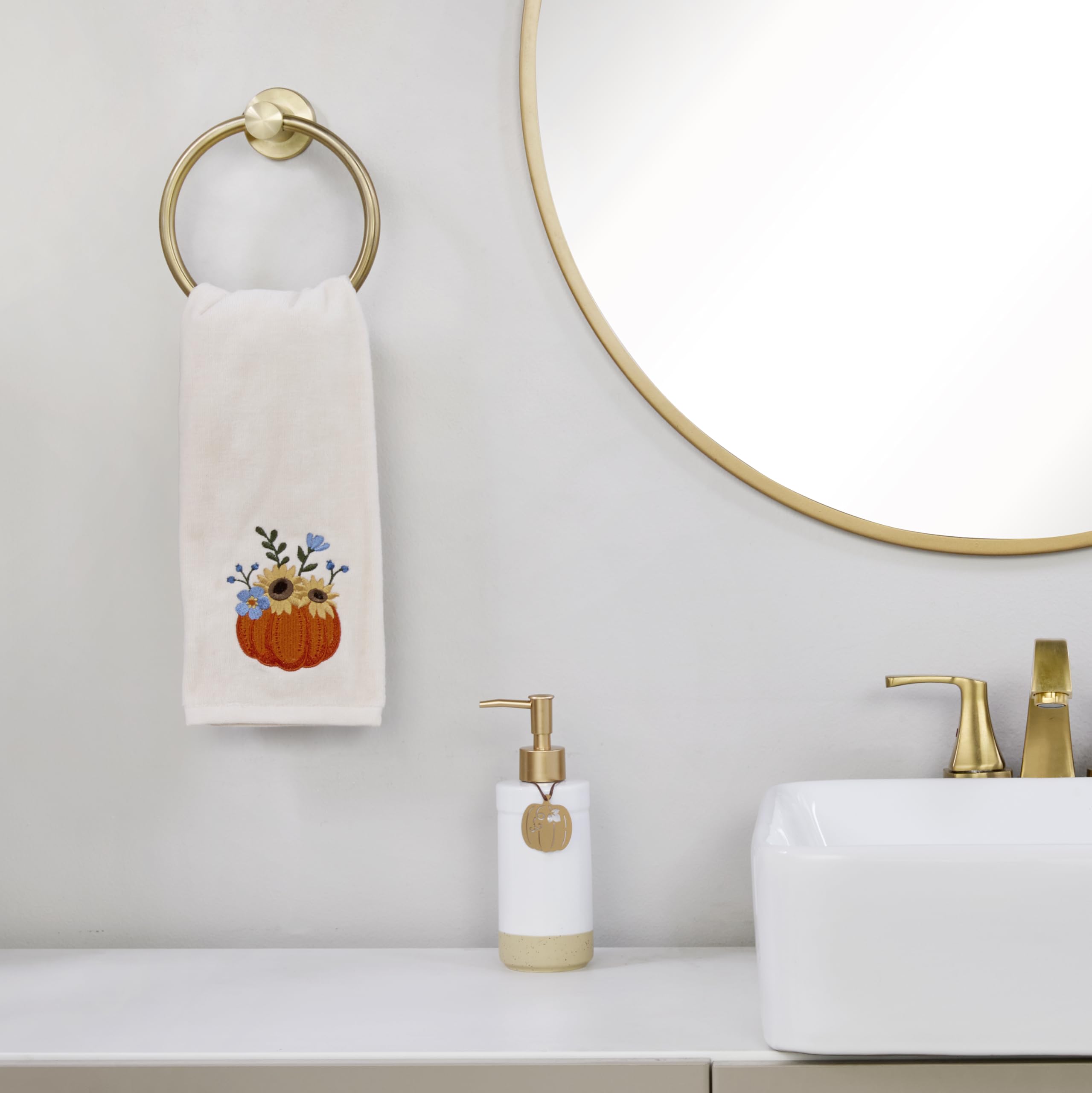 SKL Home Autumn/Fall/Thanksgiving Pumpkin Bouquet 100% Cotton Embroidered 2pc Hand Towel Set, Decorative for Bath/Kitchen/Bar &
