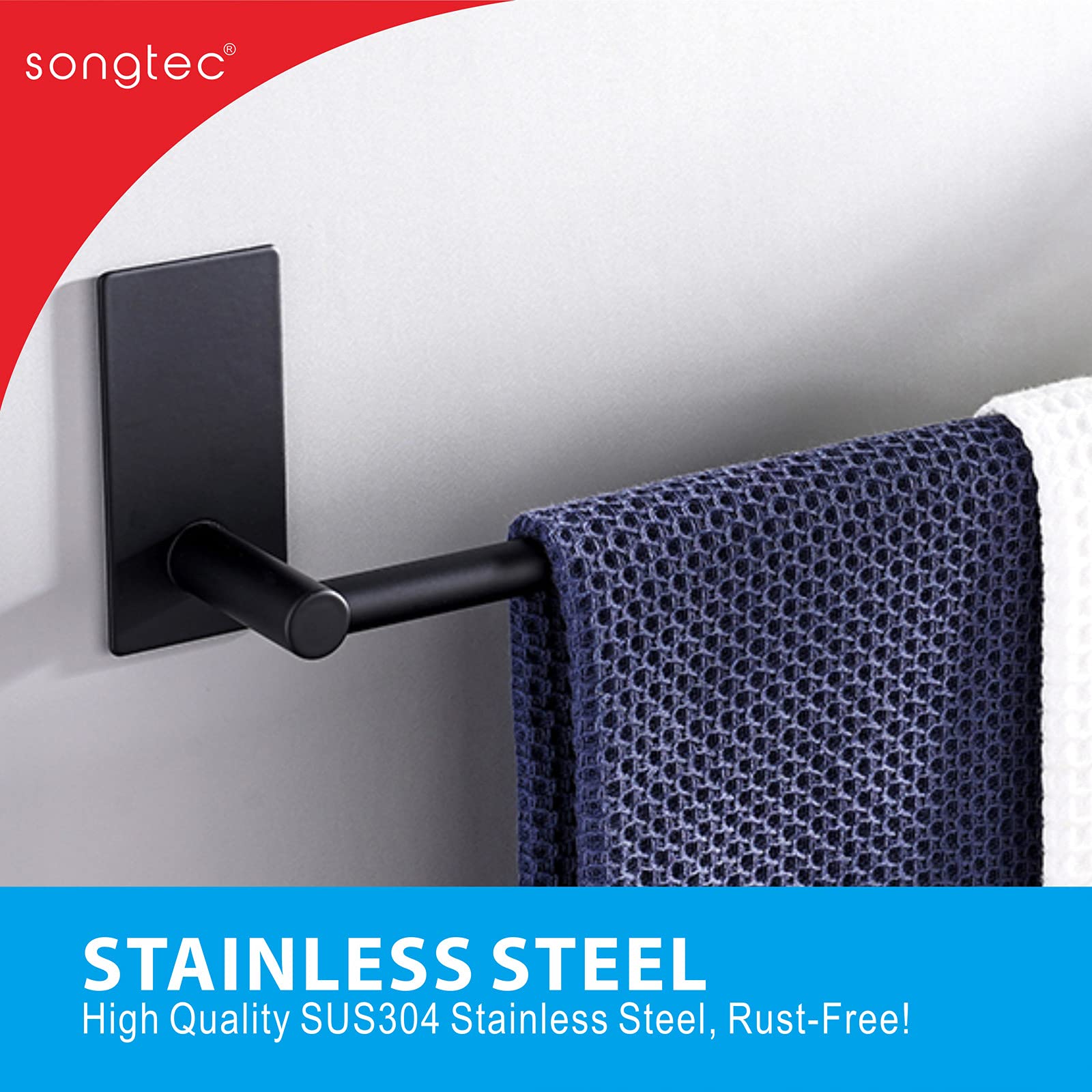 Songtec Stick Towel Bar Black 12-Inch, Adhesive Bath Towel Rack No Drill, Strong Adhesion Tape Mount Towel Holder, Stainless Ste