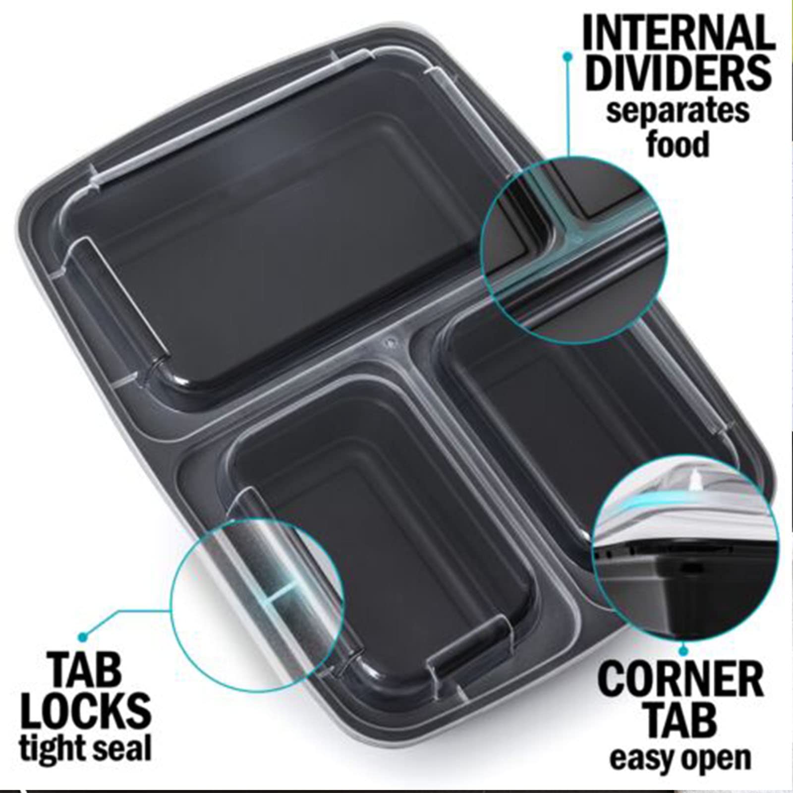 Morden Ms Meal Prep Container With Lids, 50 Pack 3 Compartment Reusable Food Storage Container Divided Plastic Bento Box Lunch B