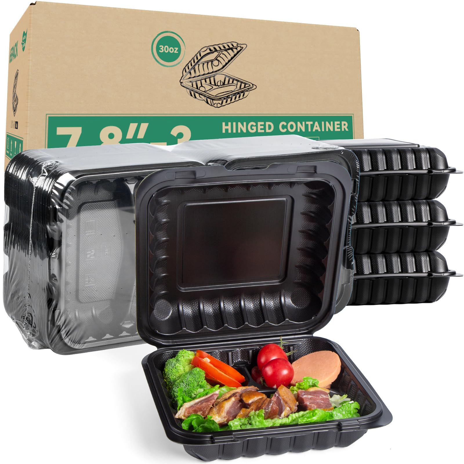 LEOBOX Takeout Container Mineral Filled PP Plastic - 7.8 Inch 30oz 65 Pack BPA Free 3 Compartments Shrink Wrap Bento Box | Freez