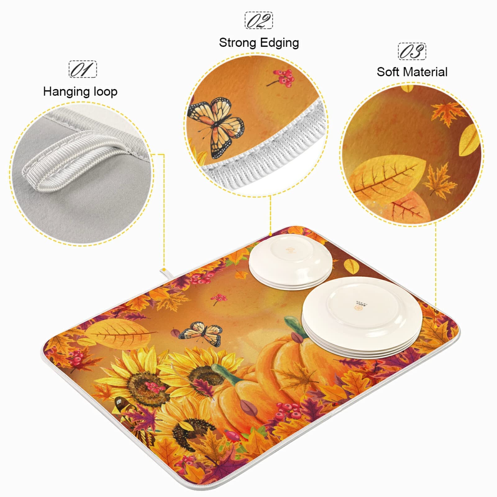 Kcldeci Autumn Fall Dish Drying Mat 18x24 inch Pumpkin Fall Leaves Butterfly Drying Pad Dish Drainer Mat Protector for Kitchen Countertops Counter