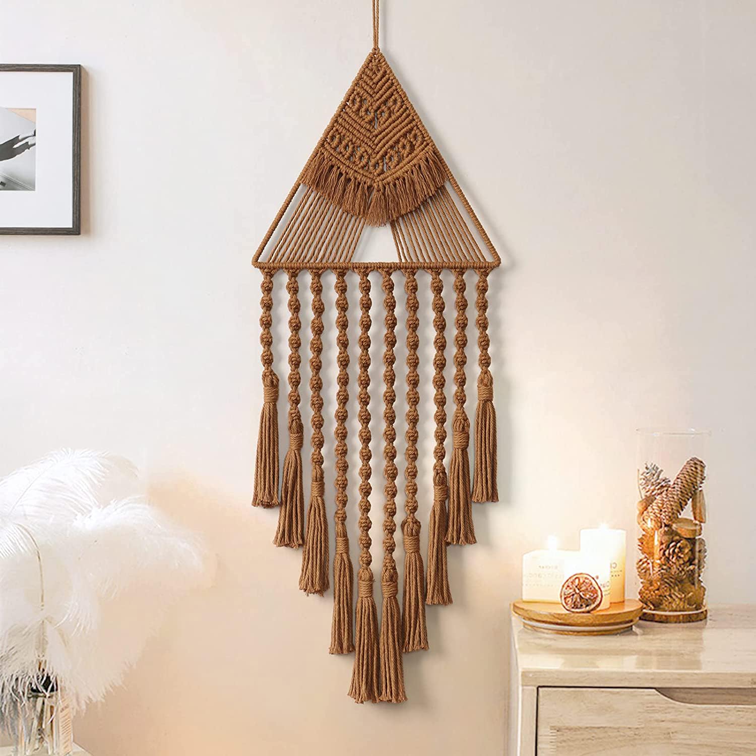 Kaahira Cotton Handmade Macrame Boho Wall Hanging Dream Catcher Triangle Tassel | Bohemian Wall Art Home Decor - Brown