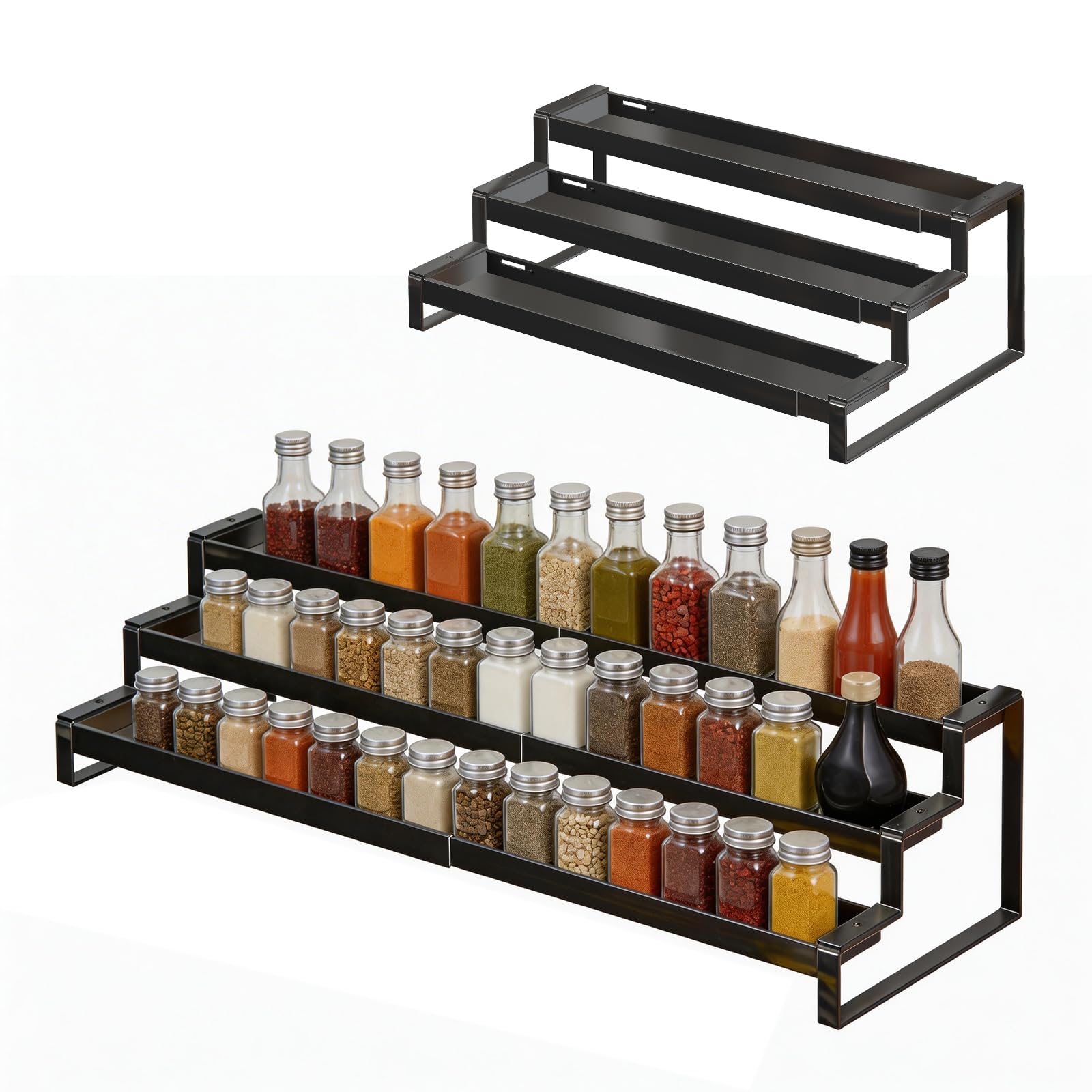 3 Tier Expandable Spice Rack Organizer, Black Metal Seasoning Organization