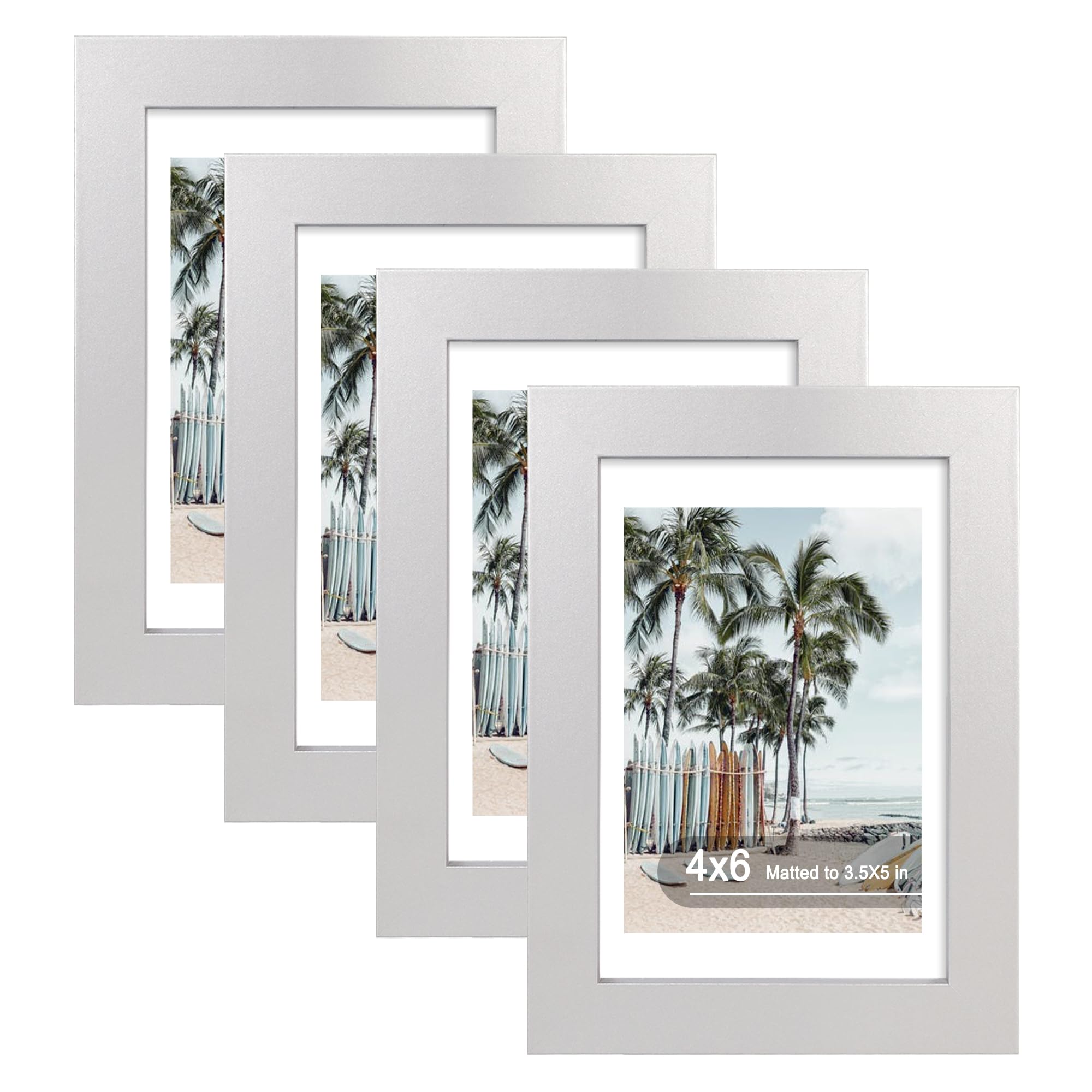 Hongkee 4x6 Picture Frame (4 Pack, Silver), Made of Real Glass and Wooden Frame - Display Pictures 3.5x5 with Mat or 4x6 Without