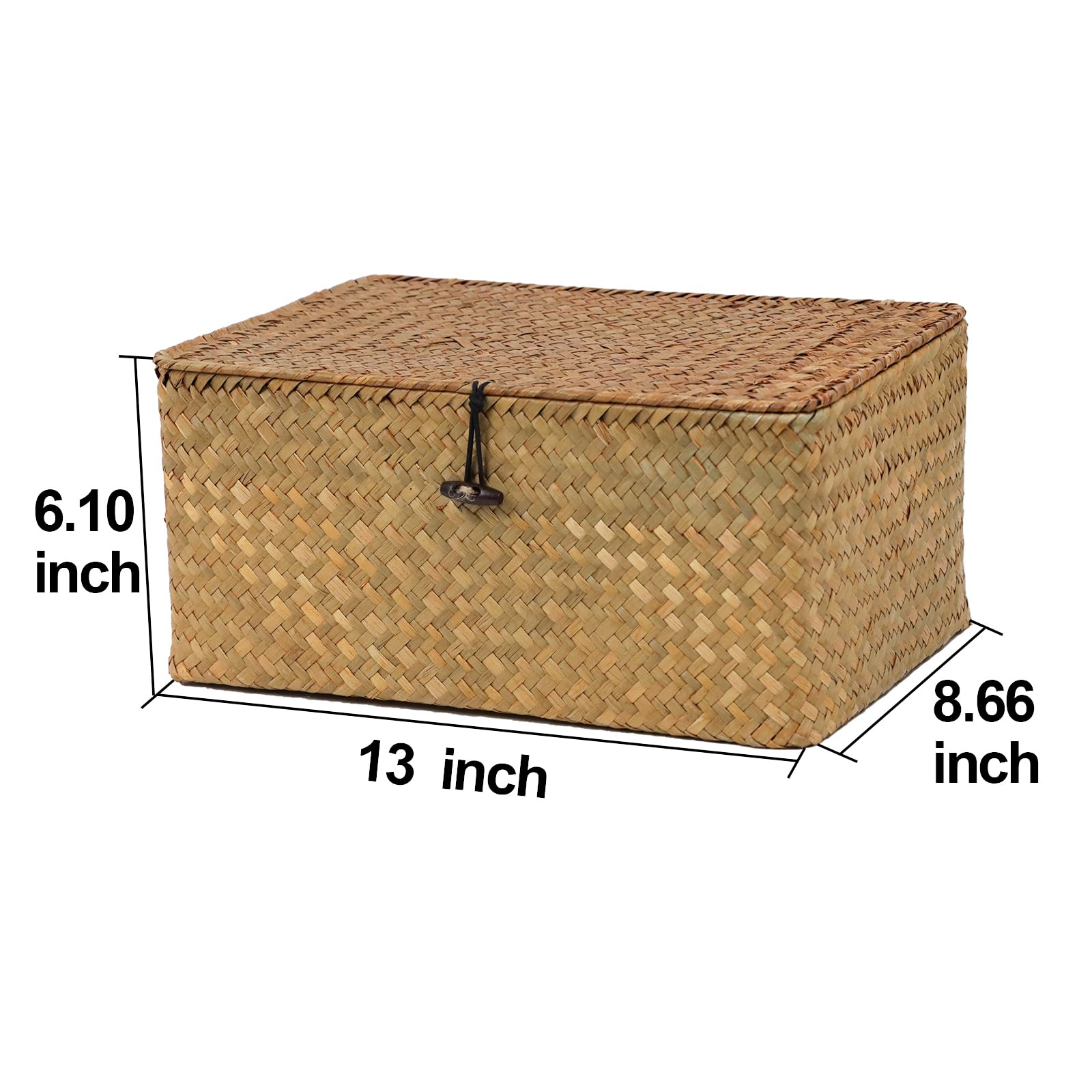 Wicker Storage Basket With Lid, Natural Seagrass Woven Shelf Basket For Storage, Rectangular Decorative Storage Bins Boxes Home