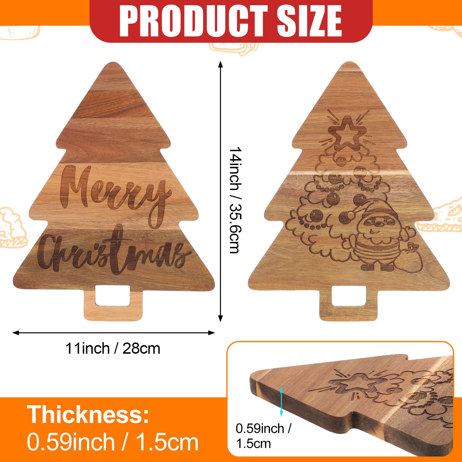 Umigy 2 Pcs Christmas Cutting Board Christmas Tree Charcuterie Boards Kitchen Wooden Santa Claus Acacia Cute Cutting Board with