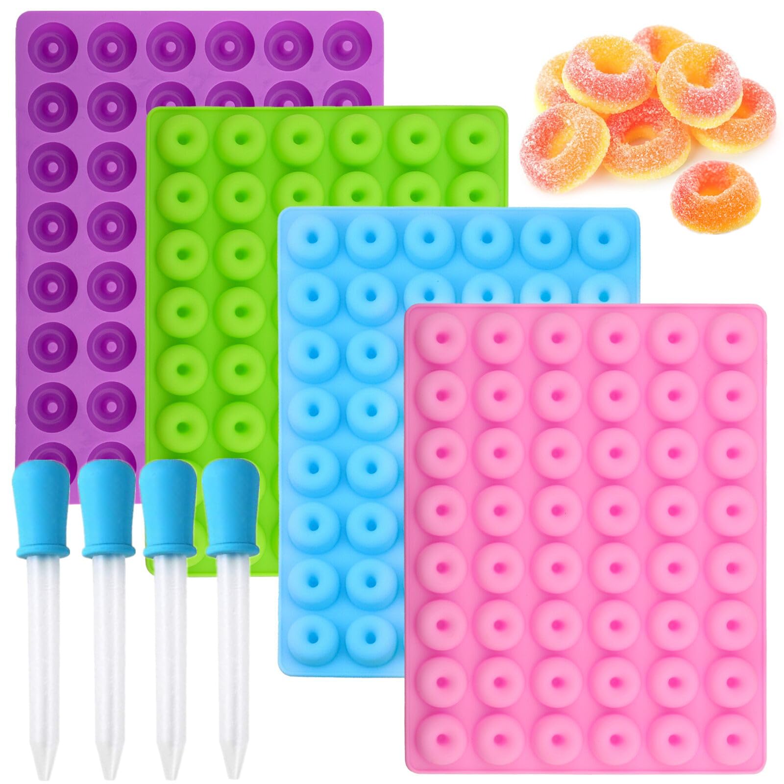 JOERSH Gummy Loop Molds  4 Silicone Candy Molds with 4 Droppers  Non-Stick Mini Donut Pans for Gummy Rings  Fruit Loop Gummies  Cereal Loops
