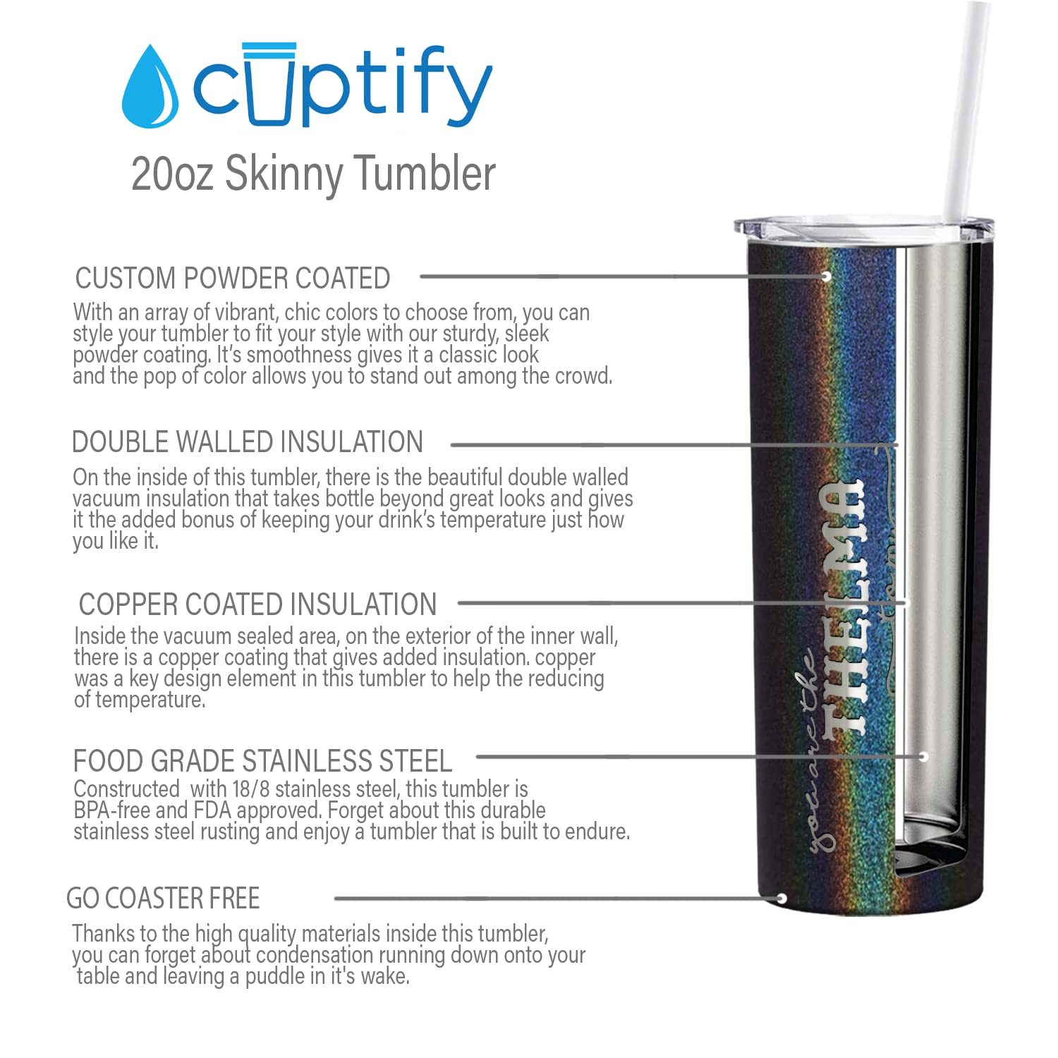 Cuptify You Are The Thelma To My Louise Skinny Tumbler With Lid And Straw Laser Engraved On Black Glitter 20 Oz Vacuum Insulated