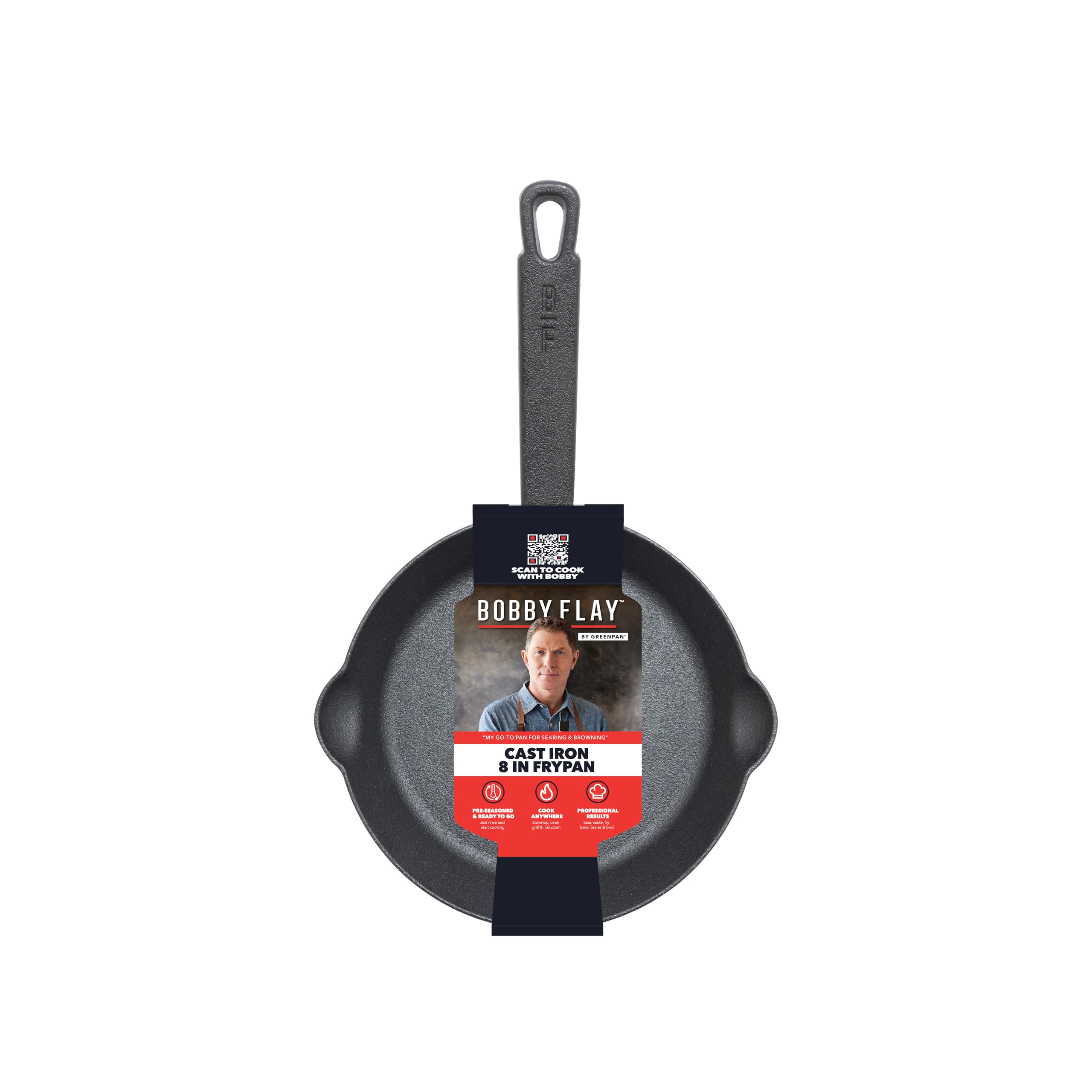 Greenpan X Bobby Flay 8 Cast Iron Pre-Seasoned Skillet With Helper Handle, Professional Grade Heavy Duty, Induction Suitable, Ve