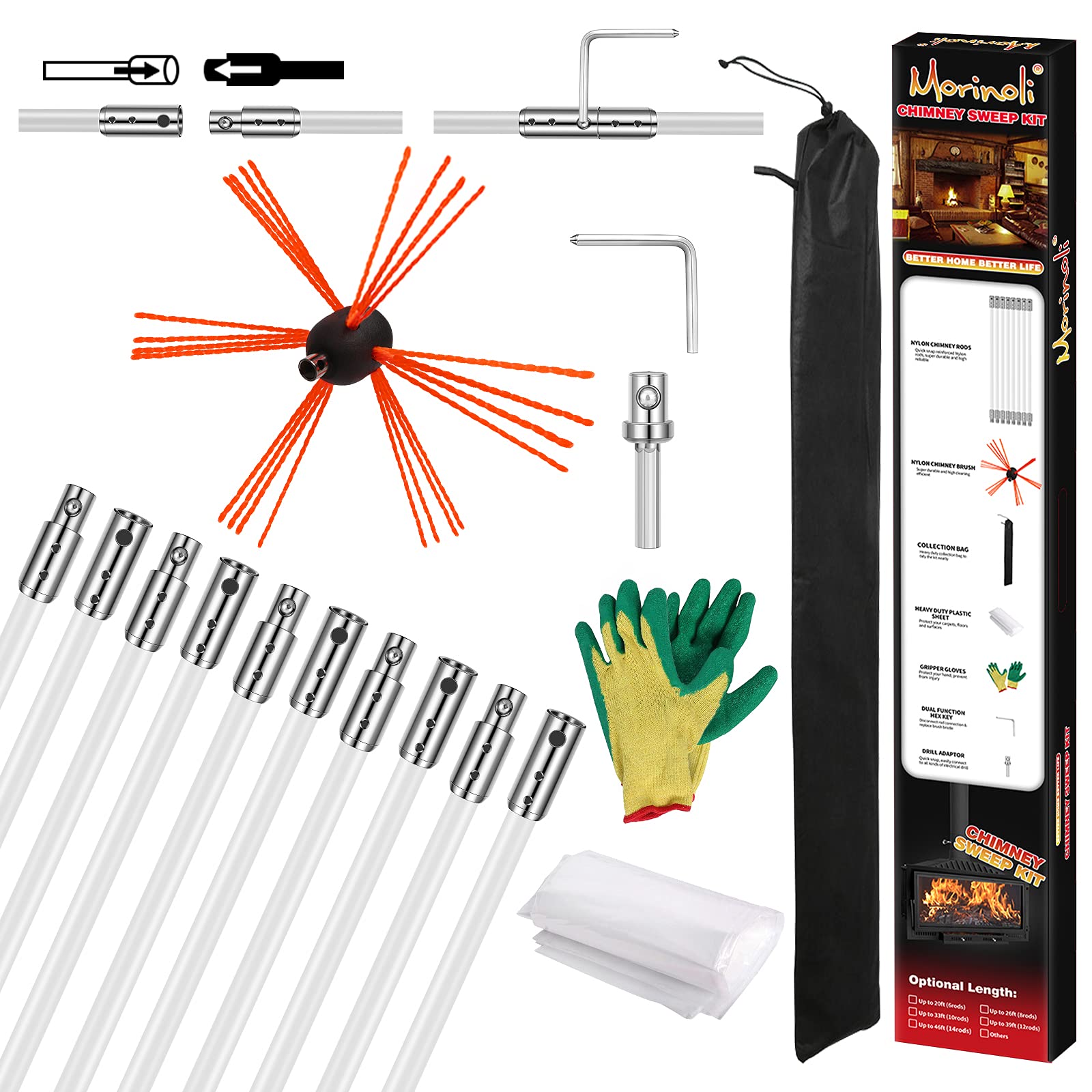 Morinoli 33 Feet Chimney Sweep Kit, Chrome Button Locking System, Chimney Cleaning Kit, Chimney Brush, Chimney Cleaning Tool, Ch
