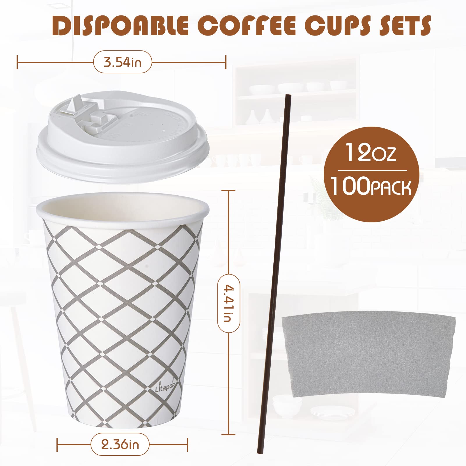 LITOPAK 100 Pack 12 oz Paper Coffee Cups  Disposable Coffee Cups with Lid  Sleeve  and Straws  Four Designs of Hot Coffee Cups  Disposable Paper Cups  and Drink Cups for Home  Stores  and Cafes.