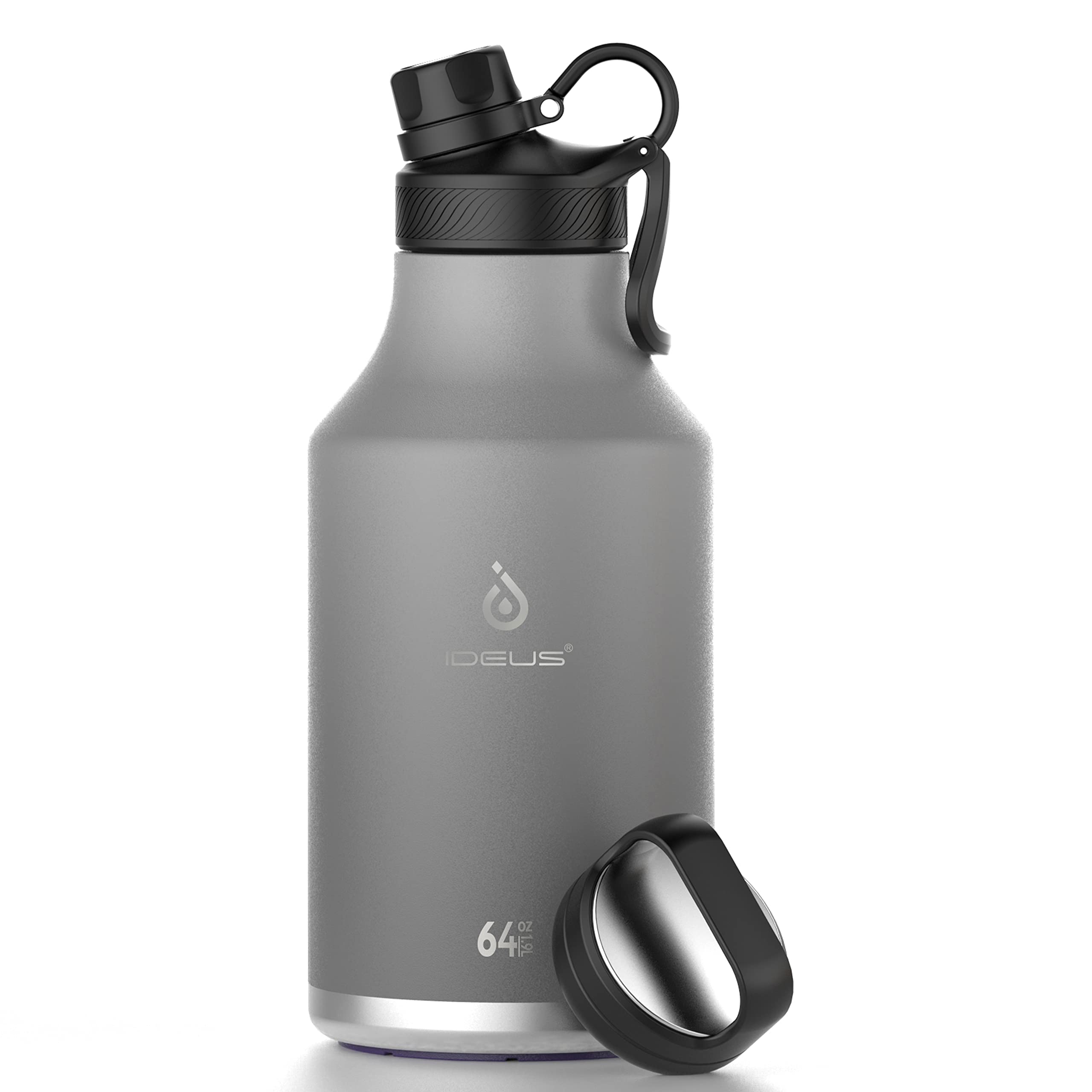 Ideus Insulated Stainless Steel Water Bottle With 2 Leak-Proof Lids, Thermal Water Flask For Hiking Biking, 64Oz, Gray