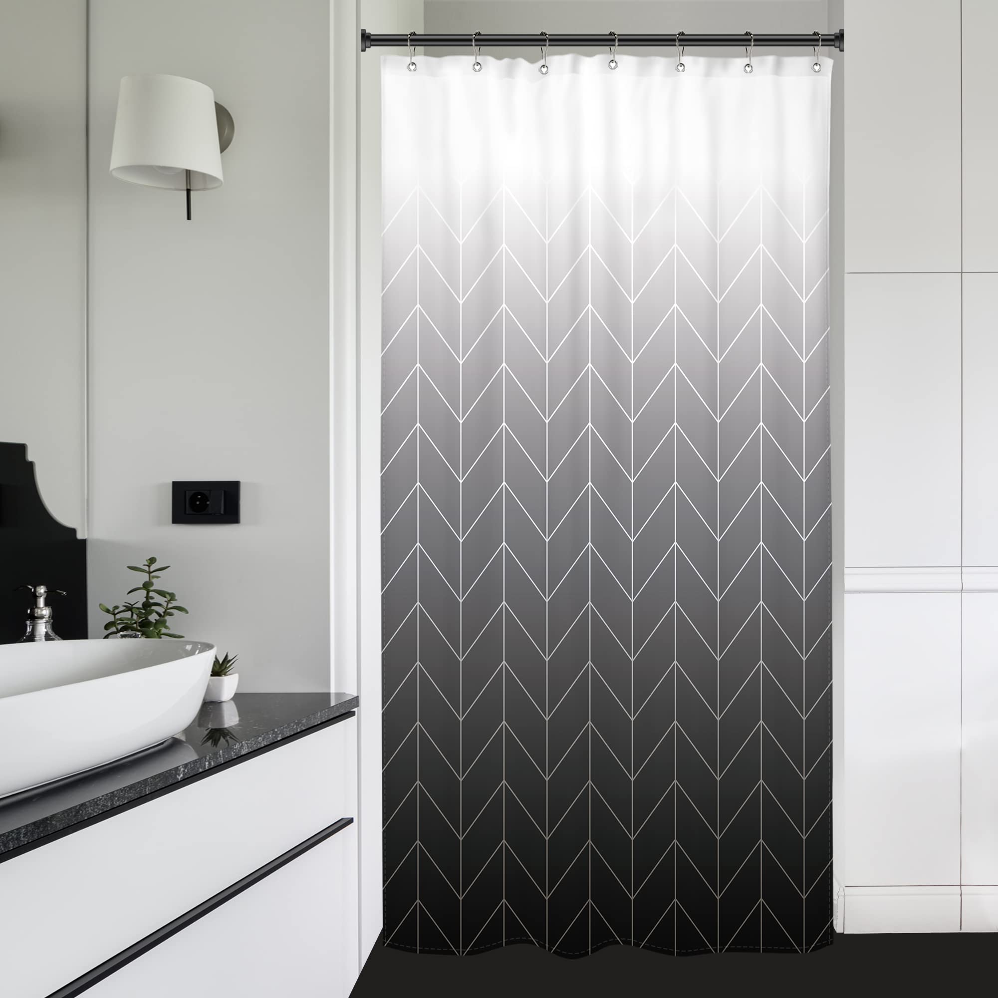 Riyidecor Small Stall Rv Shower Curtain Black Grey White Half Ombre Herringbone Chevron 36Wx72H Inch Geometric Modern Narrow Wal
