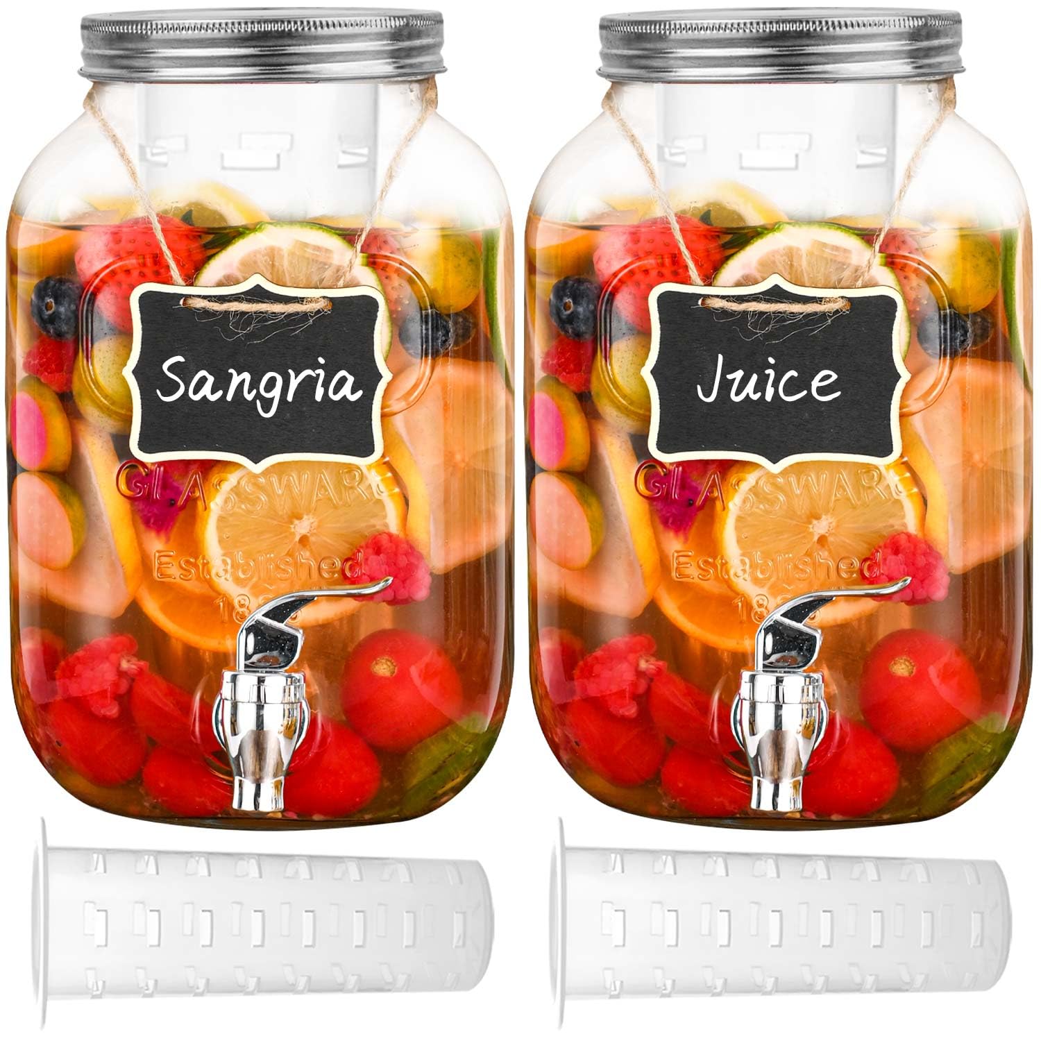 Eleganttime 1 Gallon Glass Drink Dispensers for Parties,2 Pack Beverage Dispenser with Fruit Infuser,Laundry Detergent Dispenser