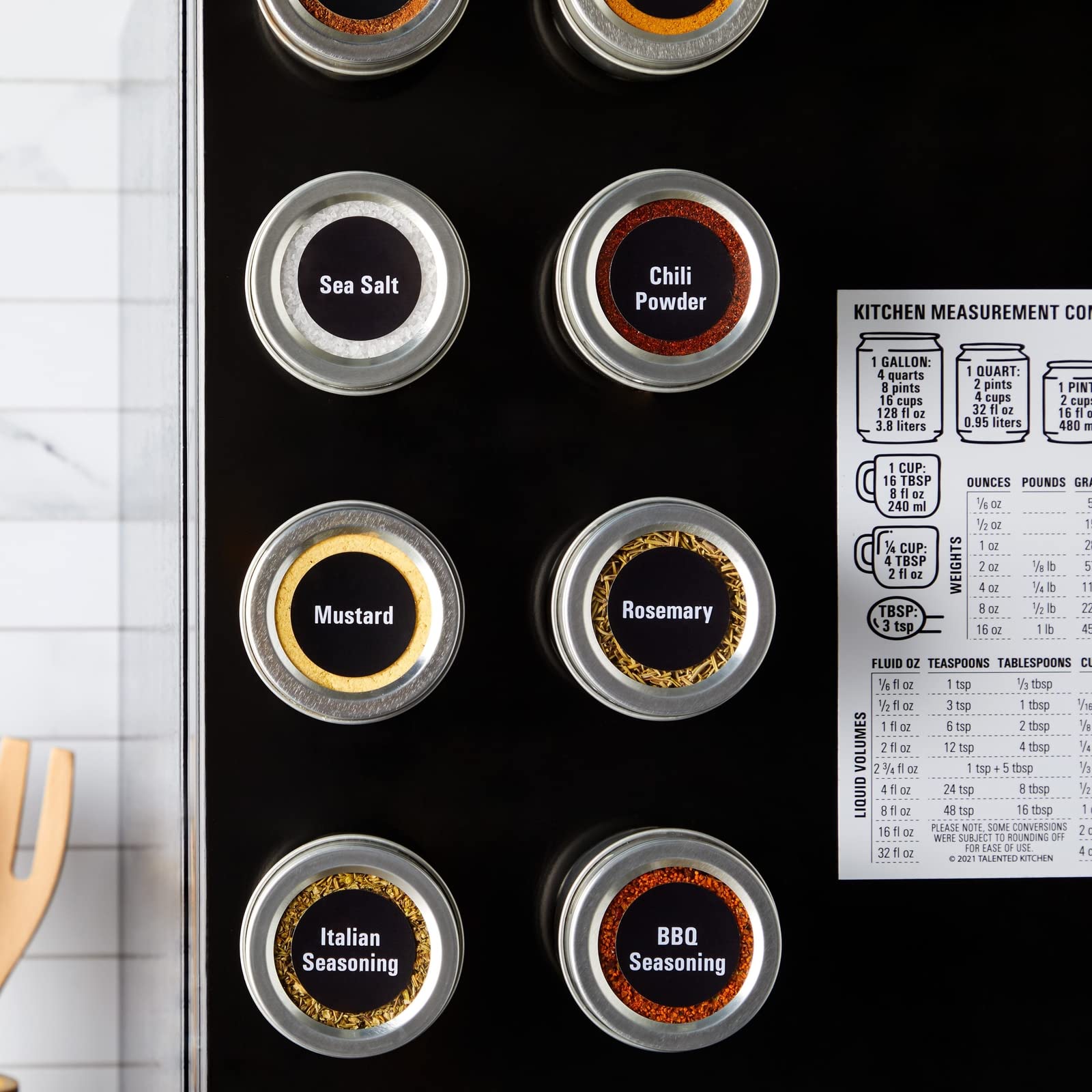 Talented Kitchen Magnetic Spice Jars for Refrigerator - 3oz Metal Spice Containers with Sift-and-Pour Lids (12 Magnet Spice Jars