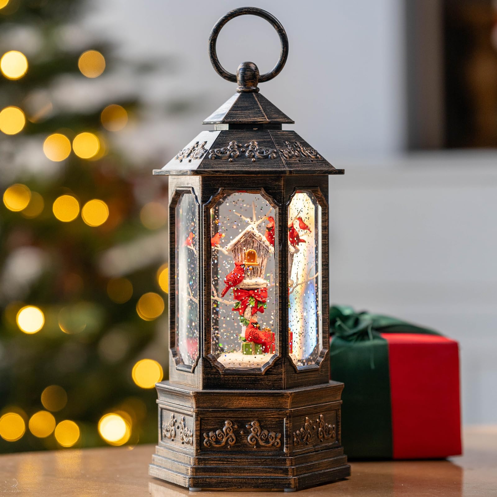 Musical Snow Globe Lantern Lighted Cardinal & Birdhouse Christmas Snow Water Lantern Swirling Glittering Home Decoration and Gif