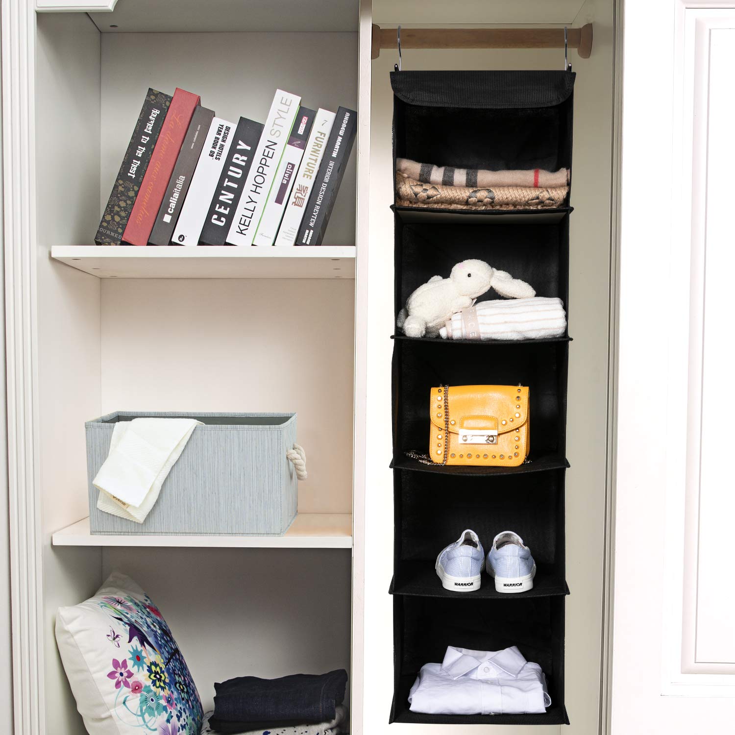 BrilliantJo 2 Pack Hanging Closet Organizer  5 Shelves Hanging Storage with 6 Side Pockets for Clothes Shoes  43''x12''x12''(Black)