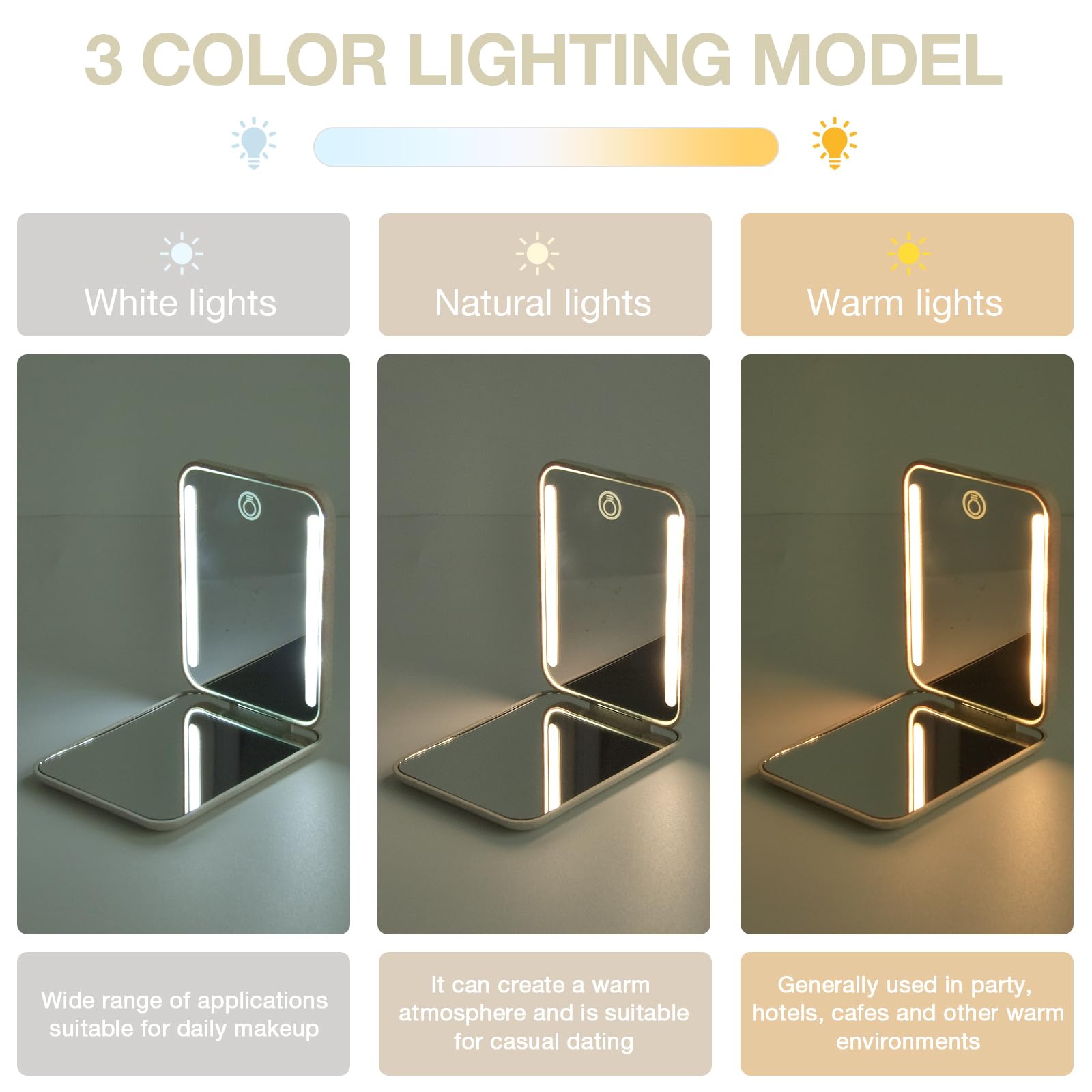 Kintion Rechargeable Pocket Mirror  Wheat Straw Material 1X/3X Magnification Portable Compact Mirror  Handheld Travel Mirror  Small Purse Mirrors for Women  Apricot