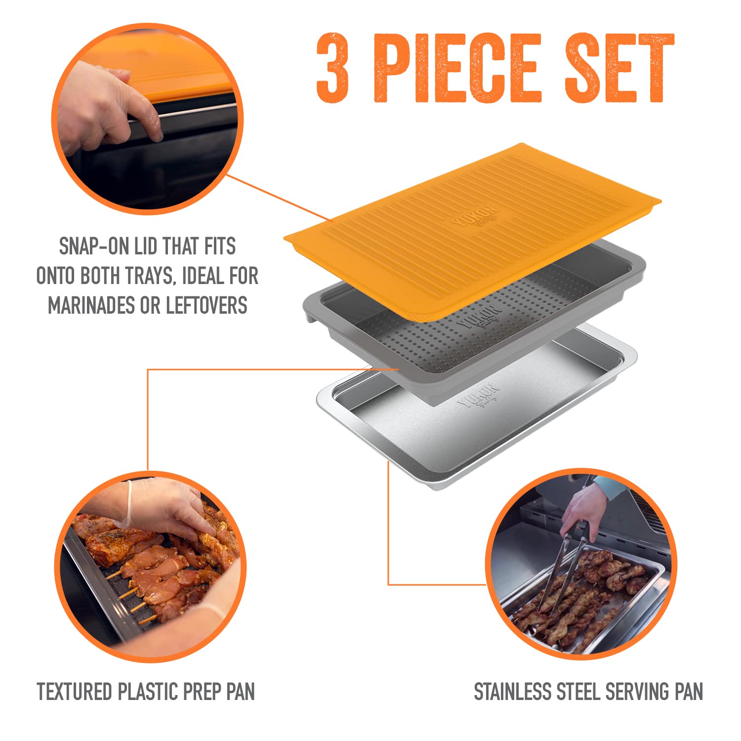 Prep N Serve Premium Set - Plastic Container With Lid For Marinades, Stainless Steel Serving Tray, Aluminum Defrosting Tray, And