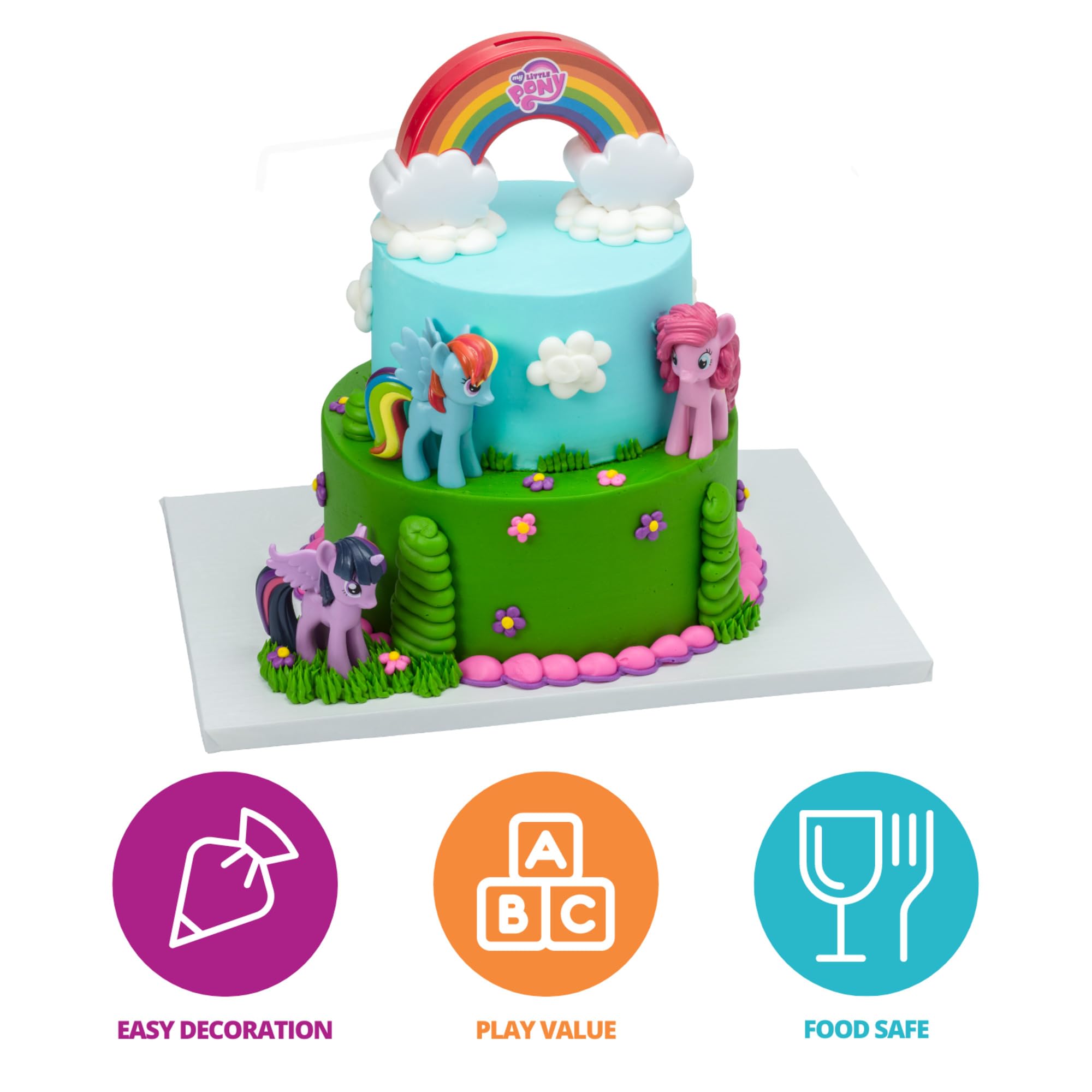 DecoSet My Little Pony Over The Rainbow Signature Cake Topper  4 Piece Decoration  Rainbow Dash  Pinkie Pie  and Twilight Sparkle  A Rainbow Coin Bank  Collectable Figurines For Birthday