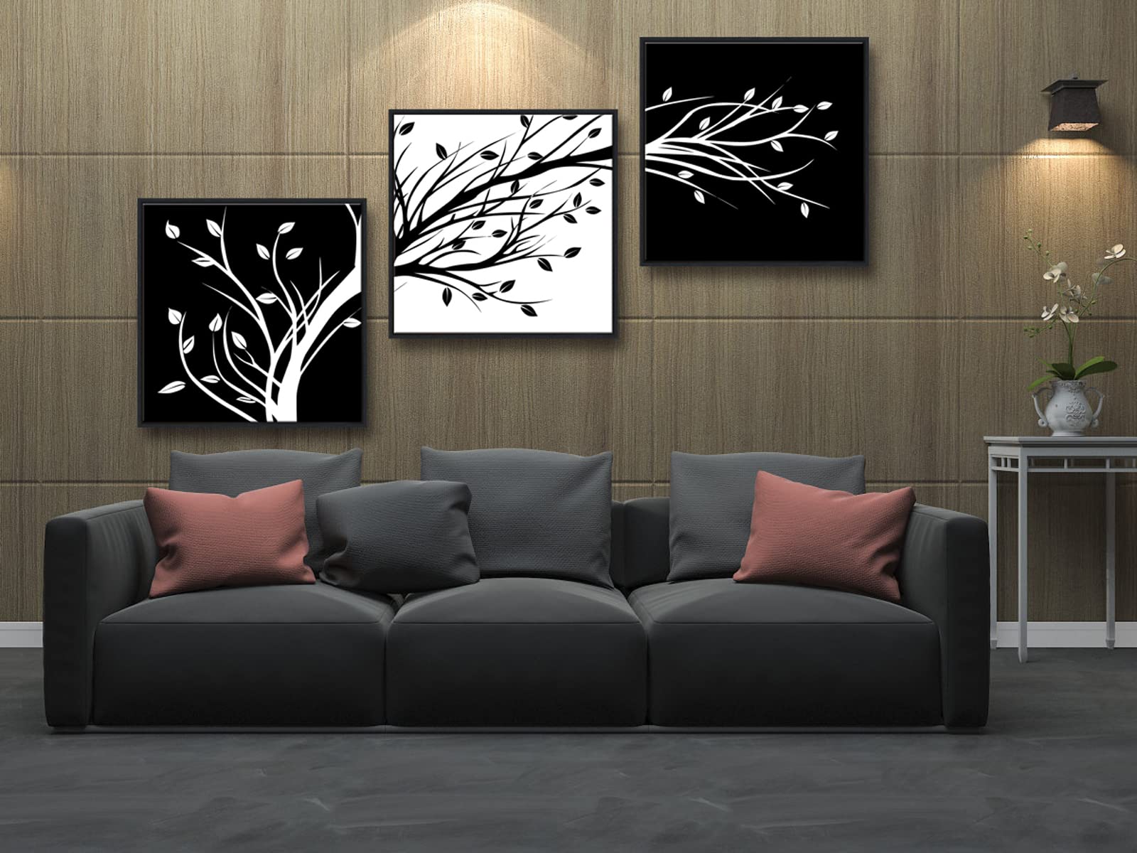 Wieco Art Black Framed Leaves Modern 3 Panels Flowers Artwork Black And White Abstract Floral Trees Canvas Prints Wall Art For L