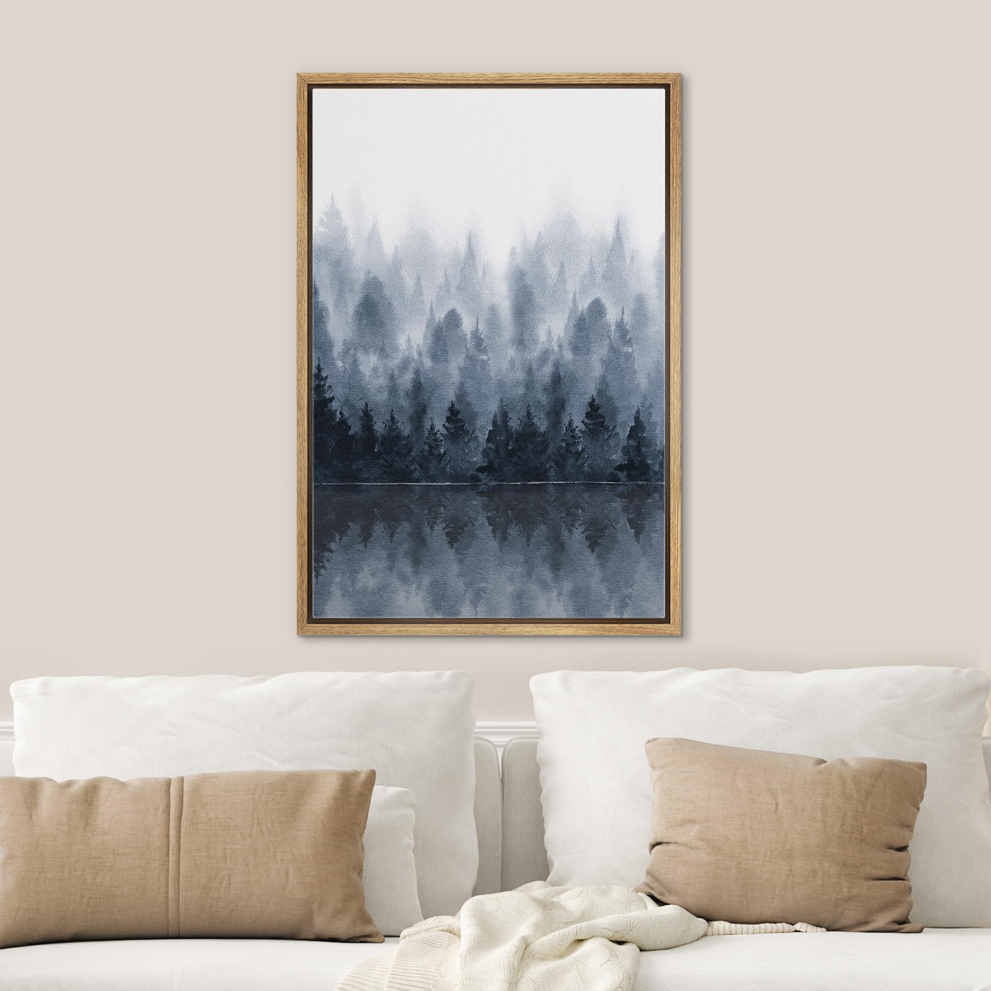 SIGNWIN Framed Canvas Print Wall Art Woodland Nursery Decor Blue Winter Mist Pastel Mountain Forest Nature Modern Art Landscape for Living Room  Bedroom  Office - 24''x36'' NATURAL