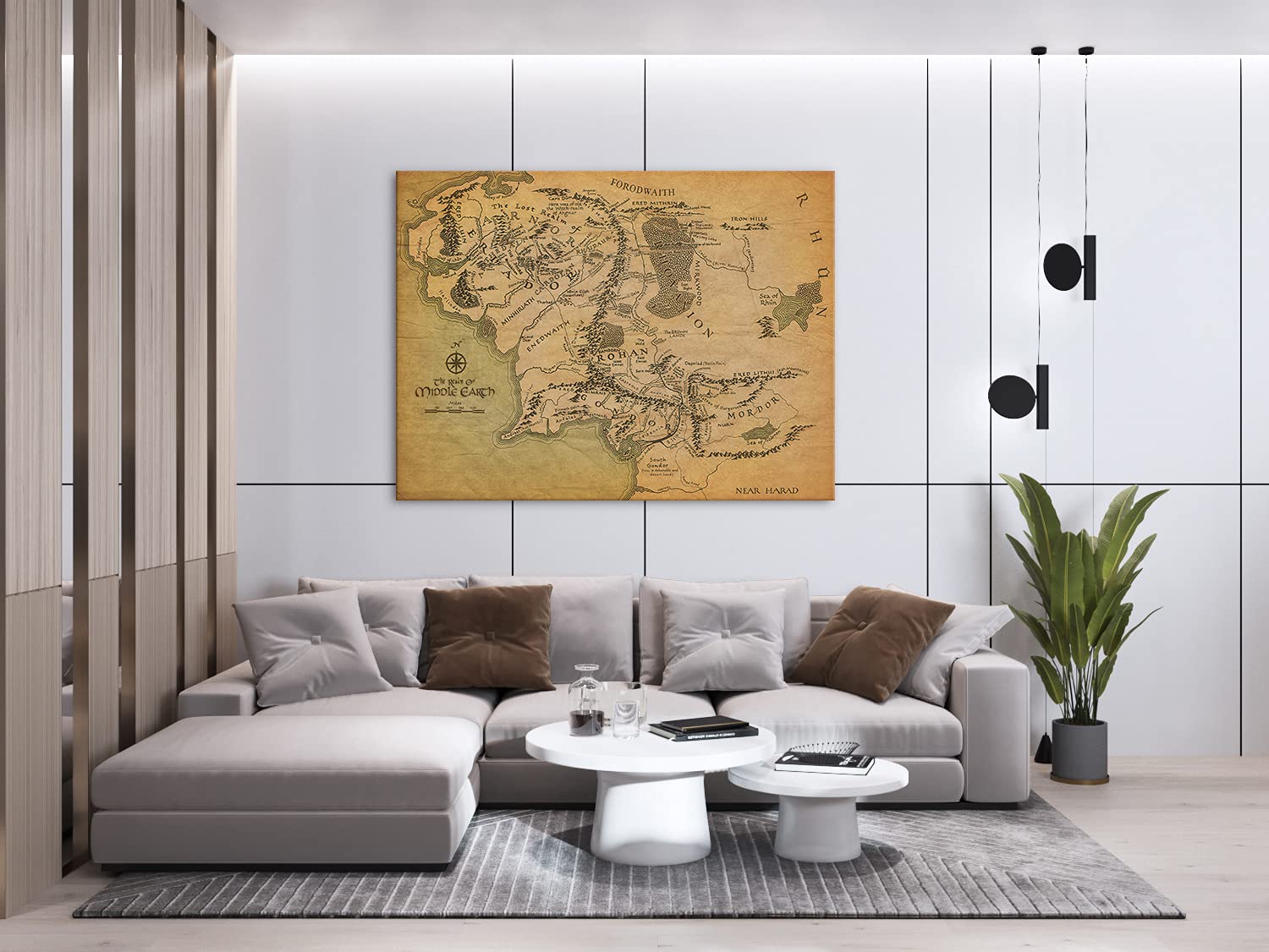 Large World Map Canvas Wall Art, The Rings Map Canvas Prints, Middle Earth Map Painting Picture For Living Room Wall Decor, Vint