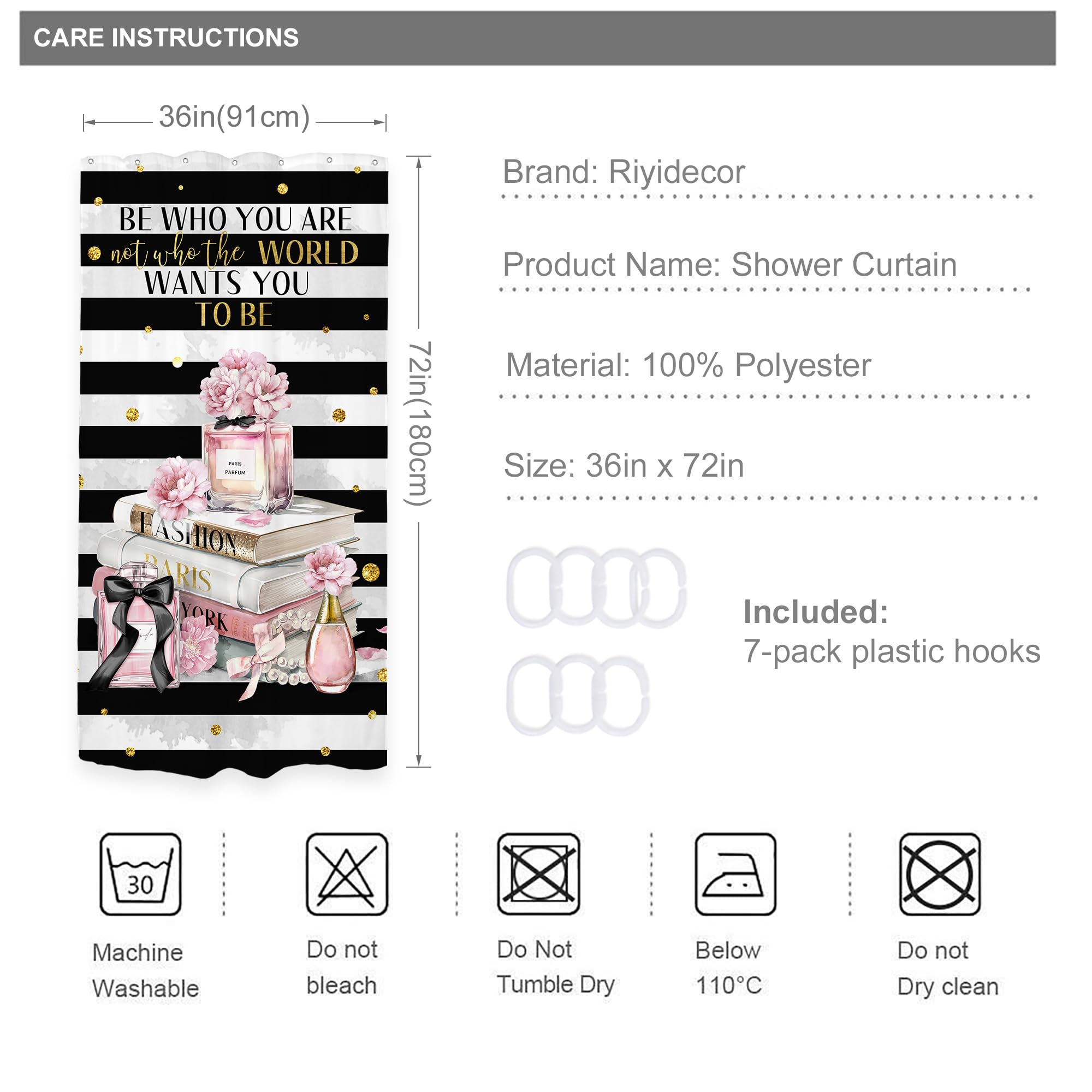 Riyidecor Small Stall Fashion Women Shower Curtain 36Wx72H Inch Black White Striped Pink Modern Magazine Book Perfume Flower Girl Positive Quote Bathroom Decor Fabric Polyester Waterproof 7 Pack Hooks