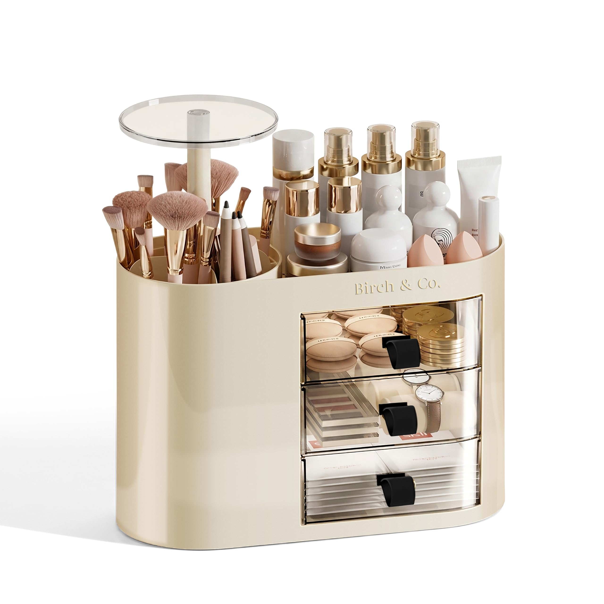 Birch & Co. Makeup Organiser Box With LiftUp Brush Compartment  Skincare Organizer For Skincare & Accessories  Countertop Van