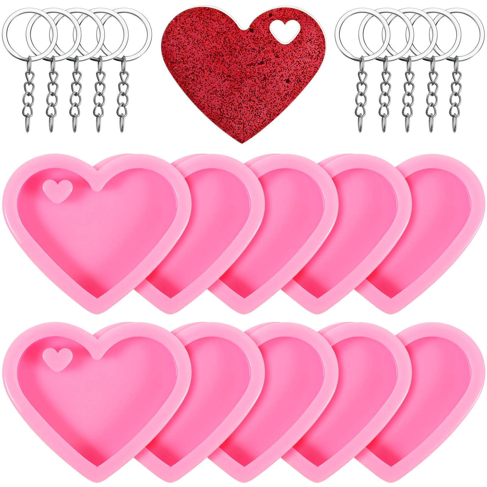 Patelai 10 Set Heart Silicone Mold With Hole Valentine'S Day Heart Mould With 10 Pcs Key Rings For Diy Keychain Craft Heart Shap