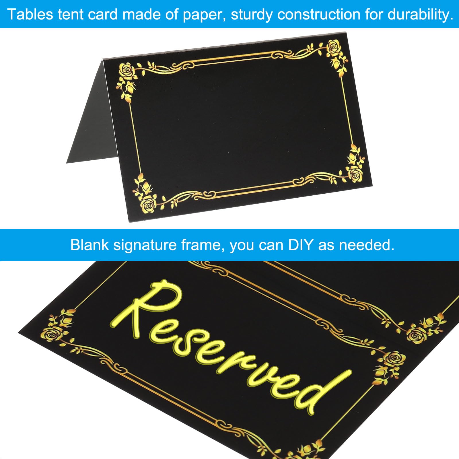 Patikil 25 Pack Reserved Table Signs, Gold Edge Printing Tables Tent Blank Card, Black