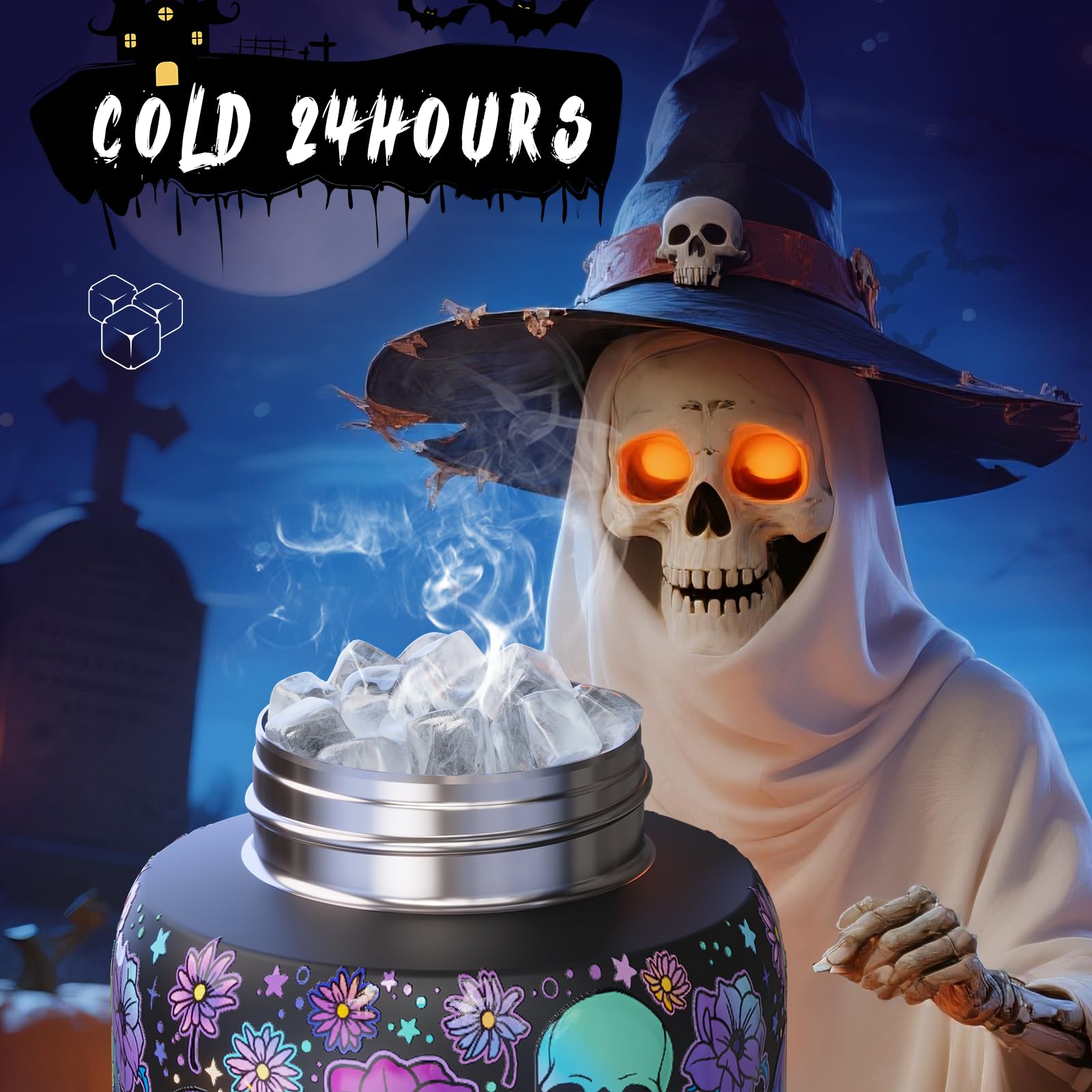 Halloween Insulated Water Bottle with Straw - Stainless Steel Water Bottle with Push Button Lid, Leak-Proof BPA-Free, Keeps Cold