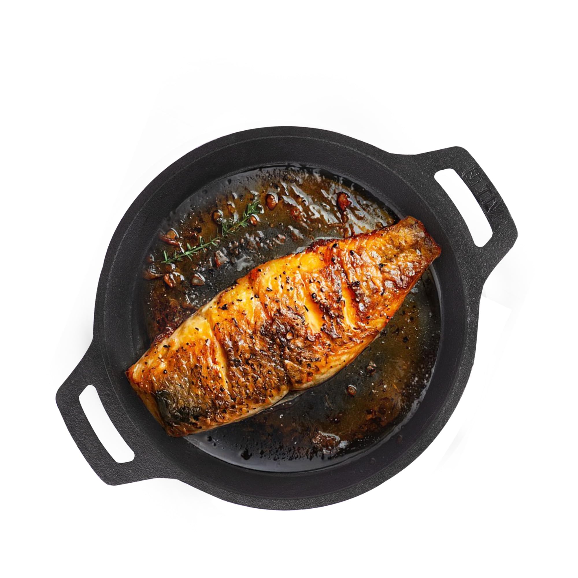 The Indus Valley Preseasoned Cast Iron Fish Fry Pan With Double Handle| Medium 22.4Cm/ 8.8Inch, 1.5Kg | Induction Friendly | Non