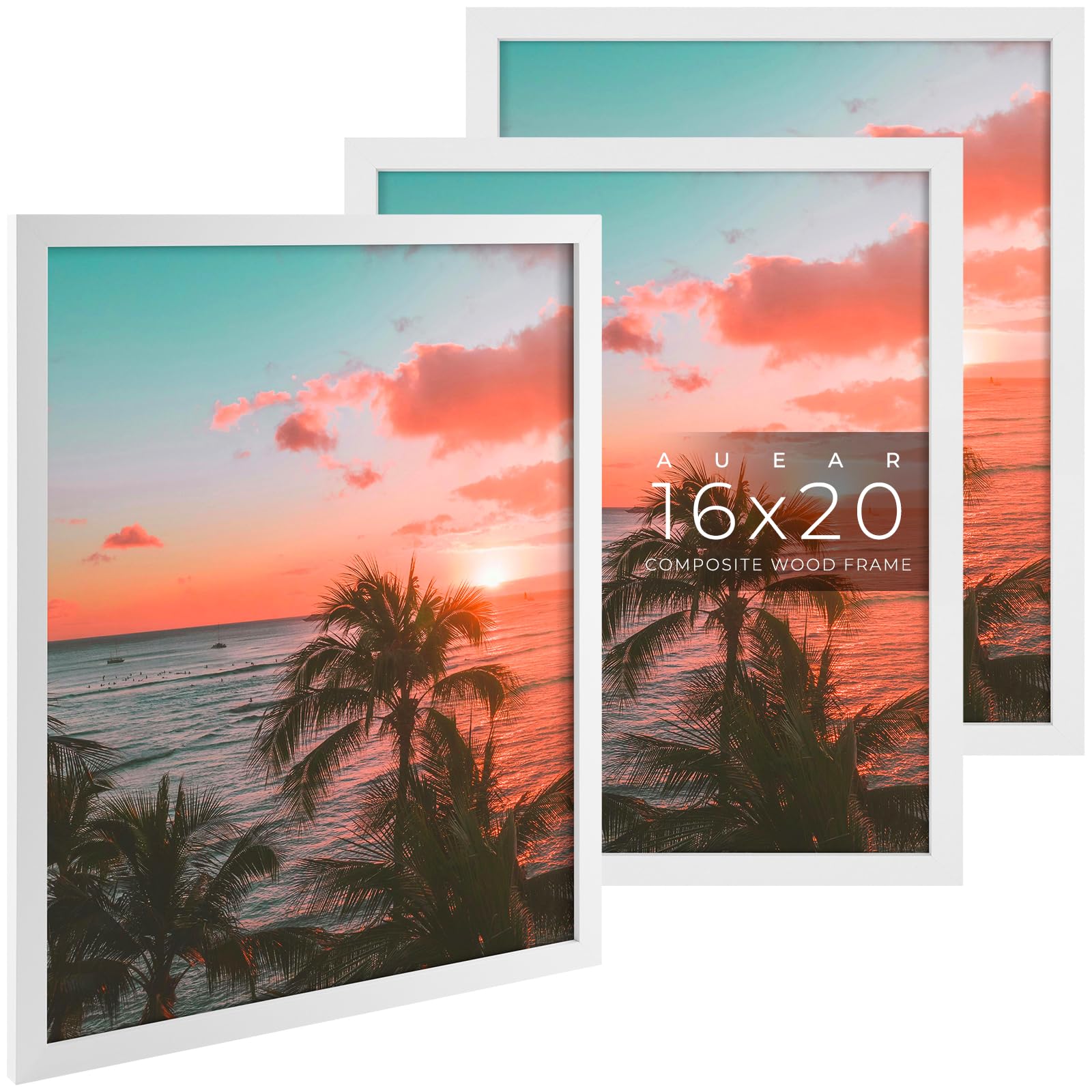 AUEAR, 16x20 Picture Frames Set of 3, with Mat for 11x14 or 16x20 without Mat, Engineered Wood Photo Frames with Plexiglass, Wal