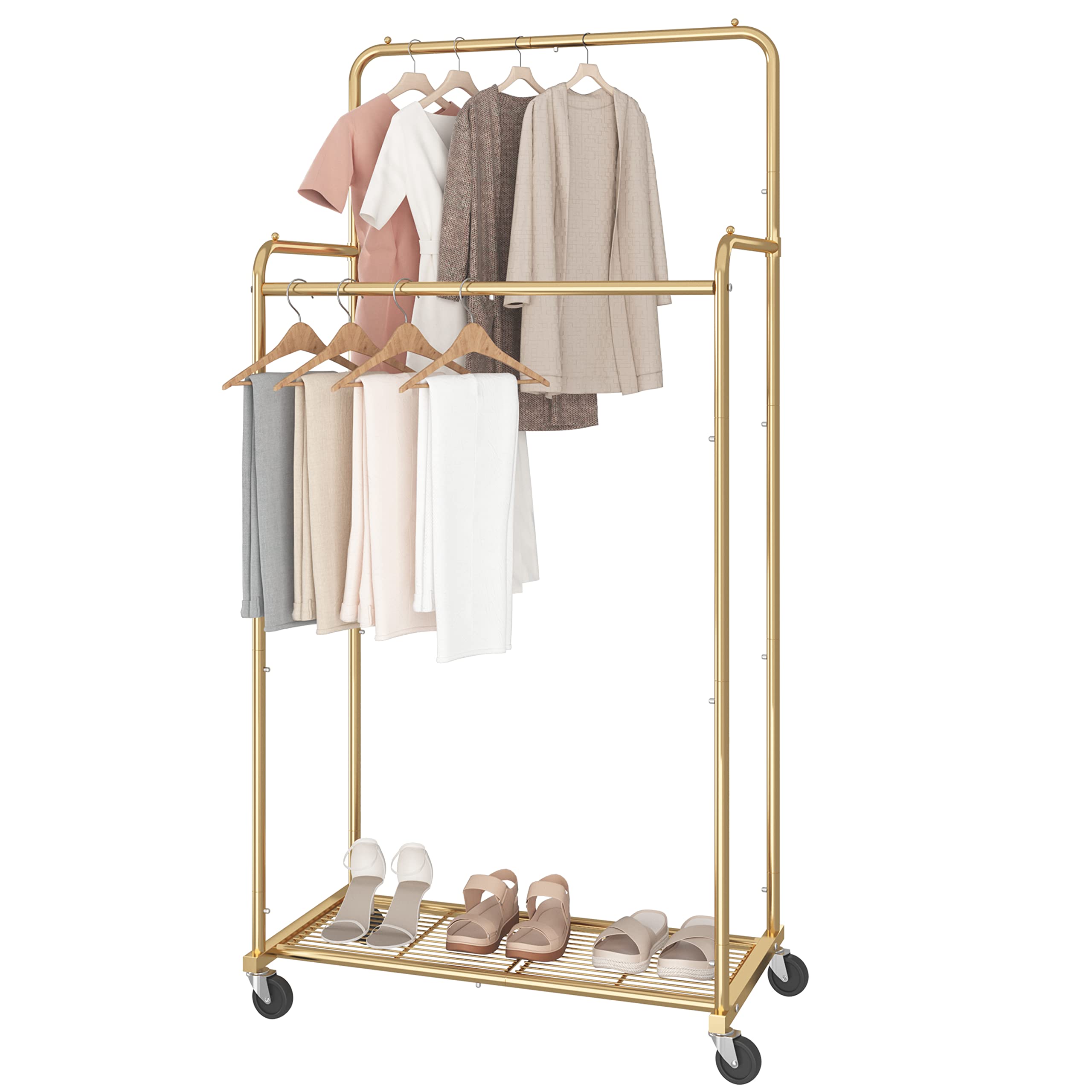 Simple Trending Double Rod Clothes Garment Rack, Heavy Duty Clothing Rolling Rack On Wheels For Hanging Clothes,With 4 Hooks, Go