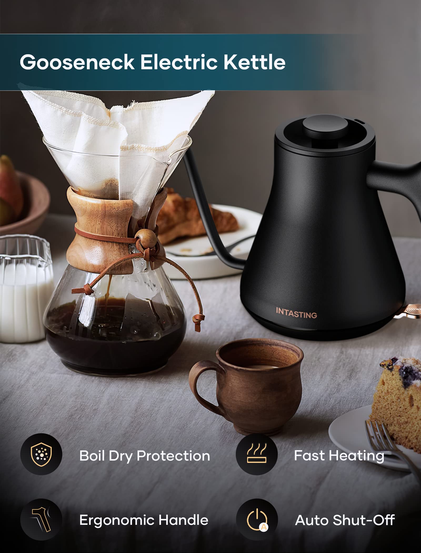 Electric Kettle, Intasting Professional Gooseneck Kettles, 0.9L/30Oz, 0.65Mm Ultra-Fine Spout, Precise Water Flow Control, 304 S