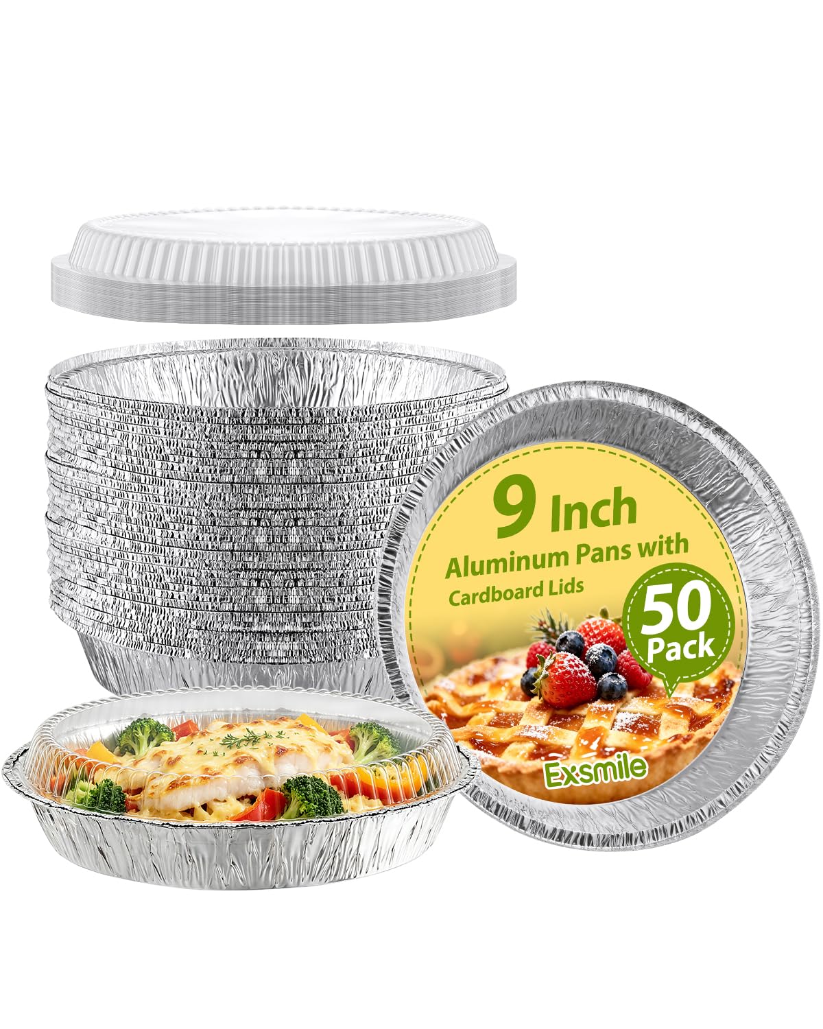 Exsmile 50 Pack 9 Inch Round Aluminum Pans with Plastic Clear Dome Lids  Disposable Tin Foil Pans, Food Containers for Cake Bak