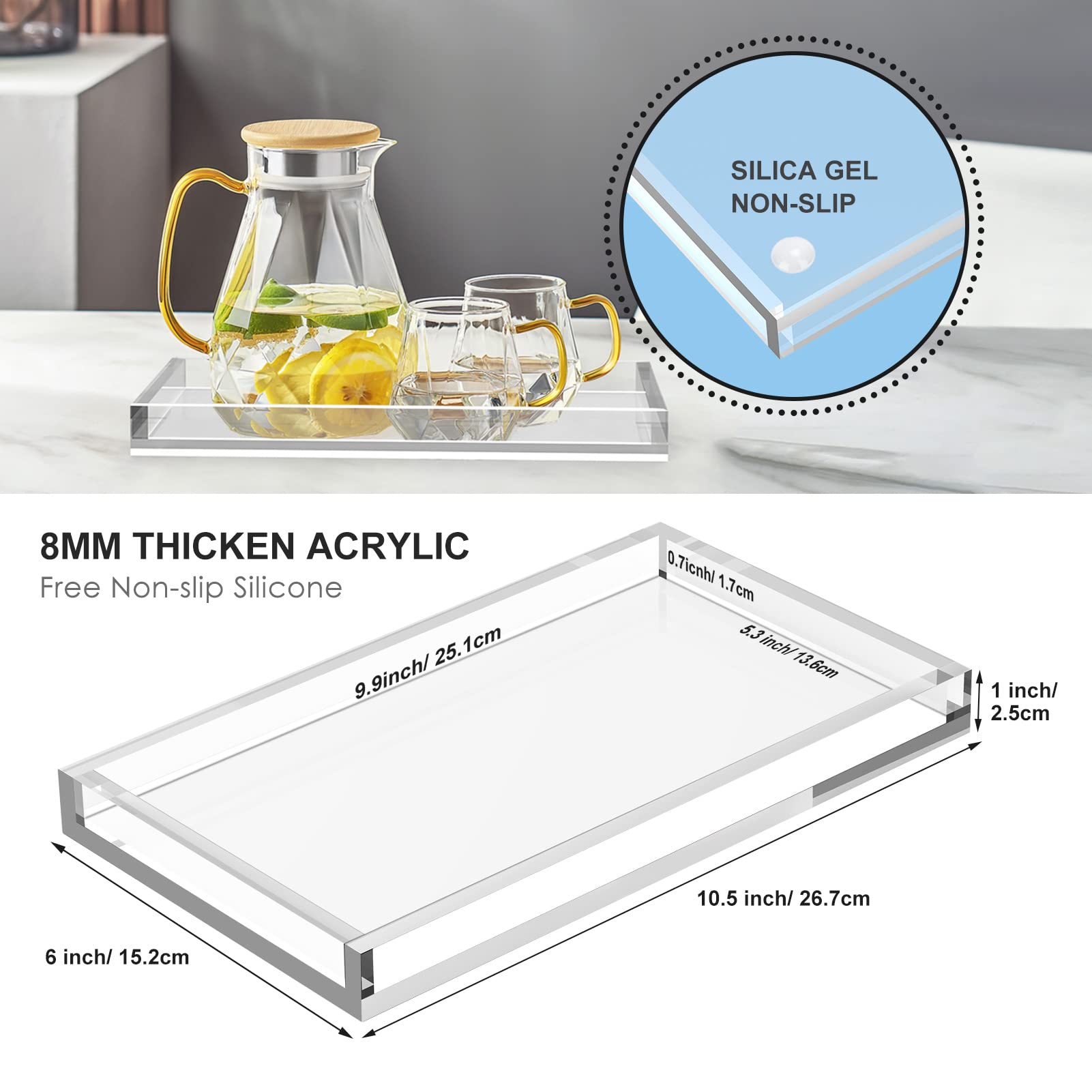 Cilinta Vanity Tray 8Mm Thicken Clear Acrylic Organizer Tray 10.5 * 6'' For Bathroom Sink Countertops, Dresser Tops, Toilet, Per