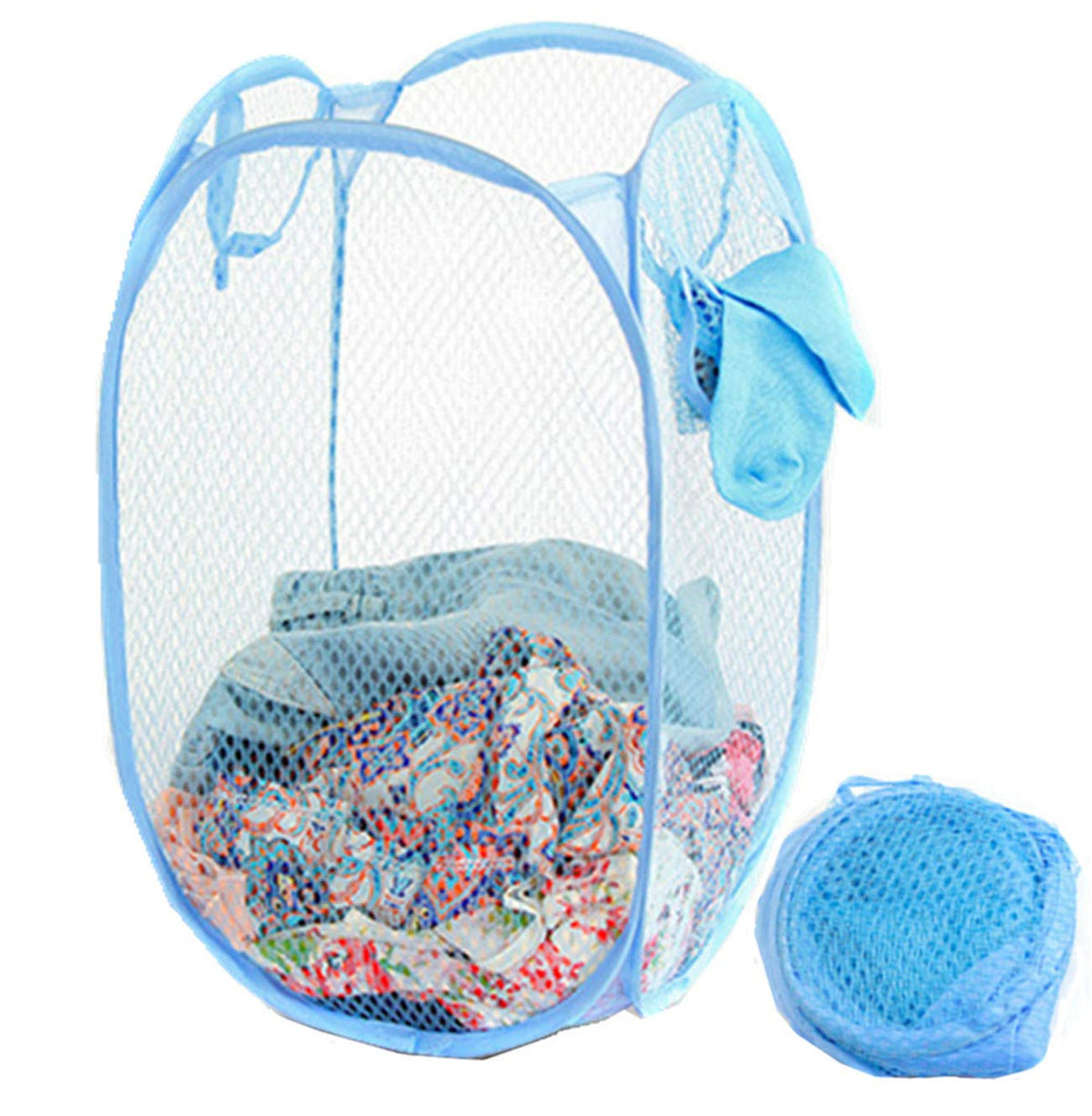 Durreus Portable Extra Large Rectangle Pop-Up Clothes Basket Tall Laundry Mesh Hamper With Handles Space Saving Storage Bin,Sky