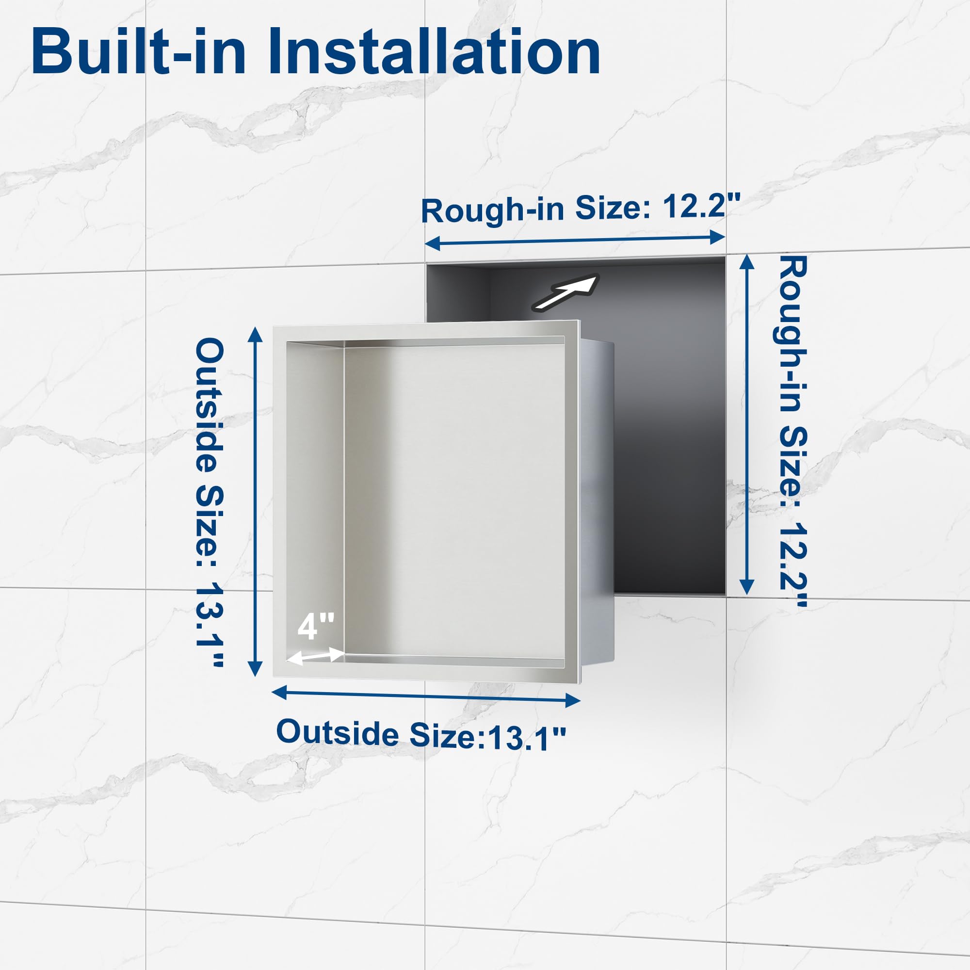 Neodrain No Tile Shower Niche, Bathroom Shelf Inner Size 12'' X 12'', Brushed Stainless Steel Bathroom Wall Niche Cubby, No Tile