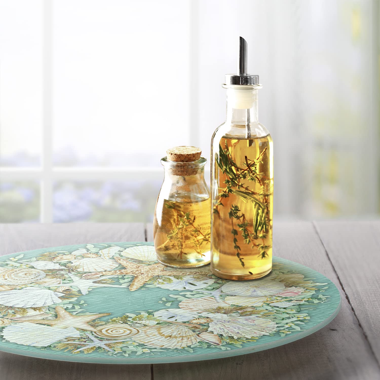 Counterart Coastal Wreath 4Mm Heat Tolerant Tempered Glass Lazy Susan Turntable 13    Diameter Cake Plate Pizza Server