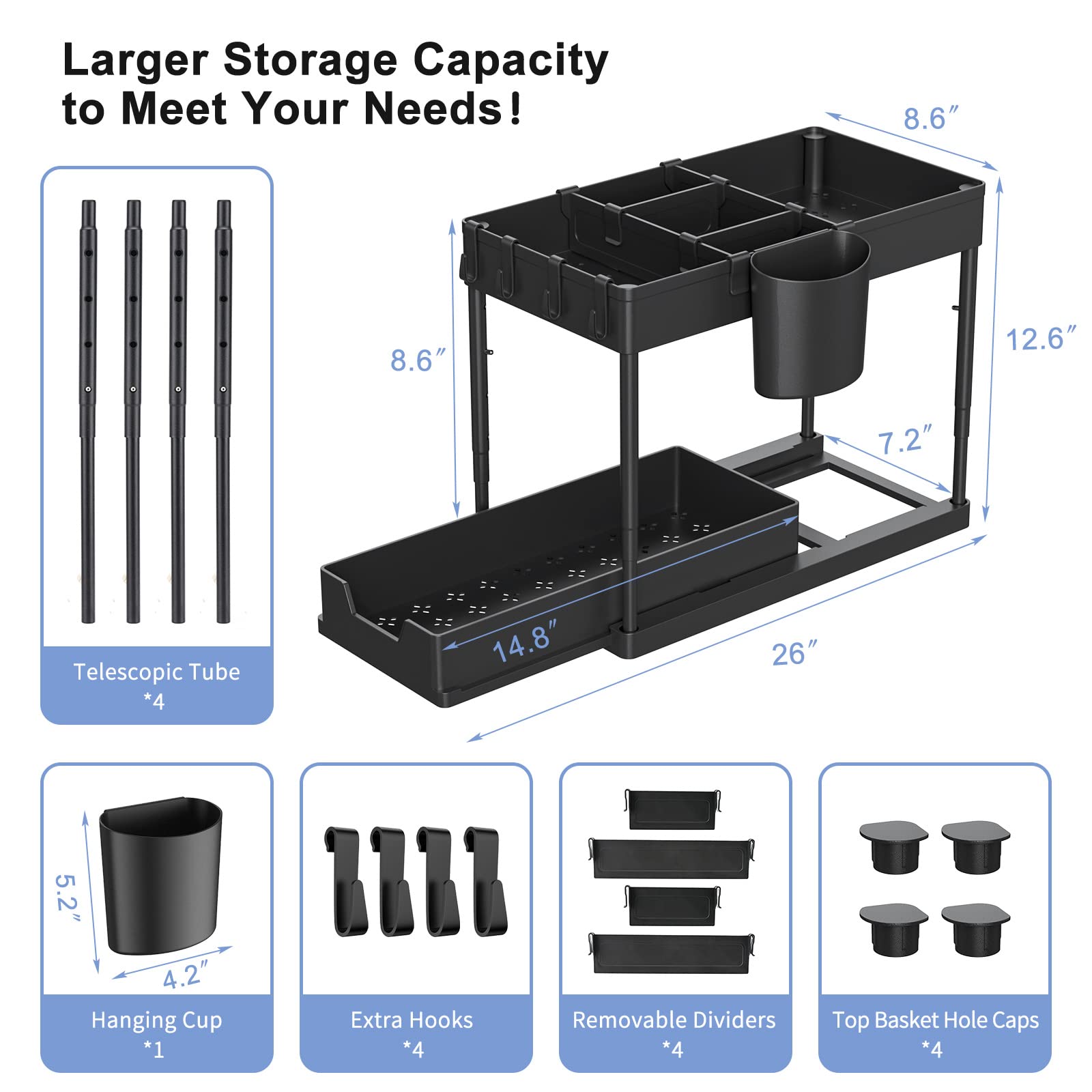 Under Sink Organizers And Storage, 2 Tier Black Bathroom Cabinet Organizer With 4-Height Adjustable Telescopic Tube,4 Removable