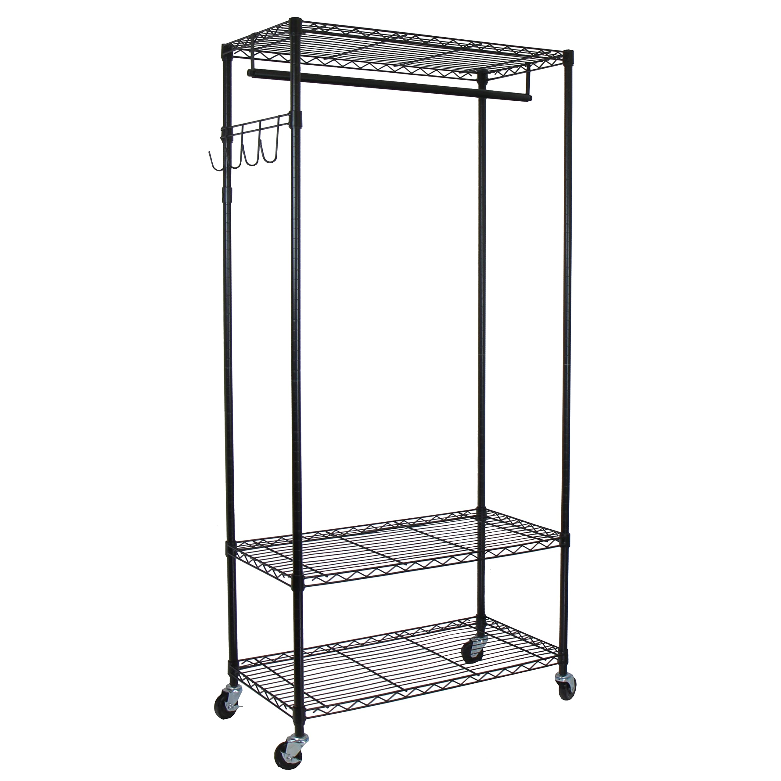 Oceanstar Heavy Duty Rolling Storage Garment Rack With Adjustable Shelves And Hook,Black
