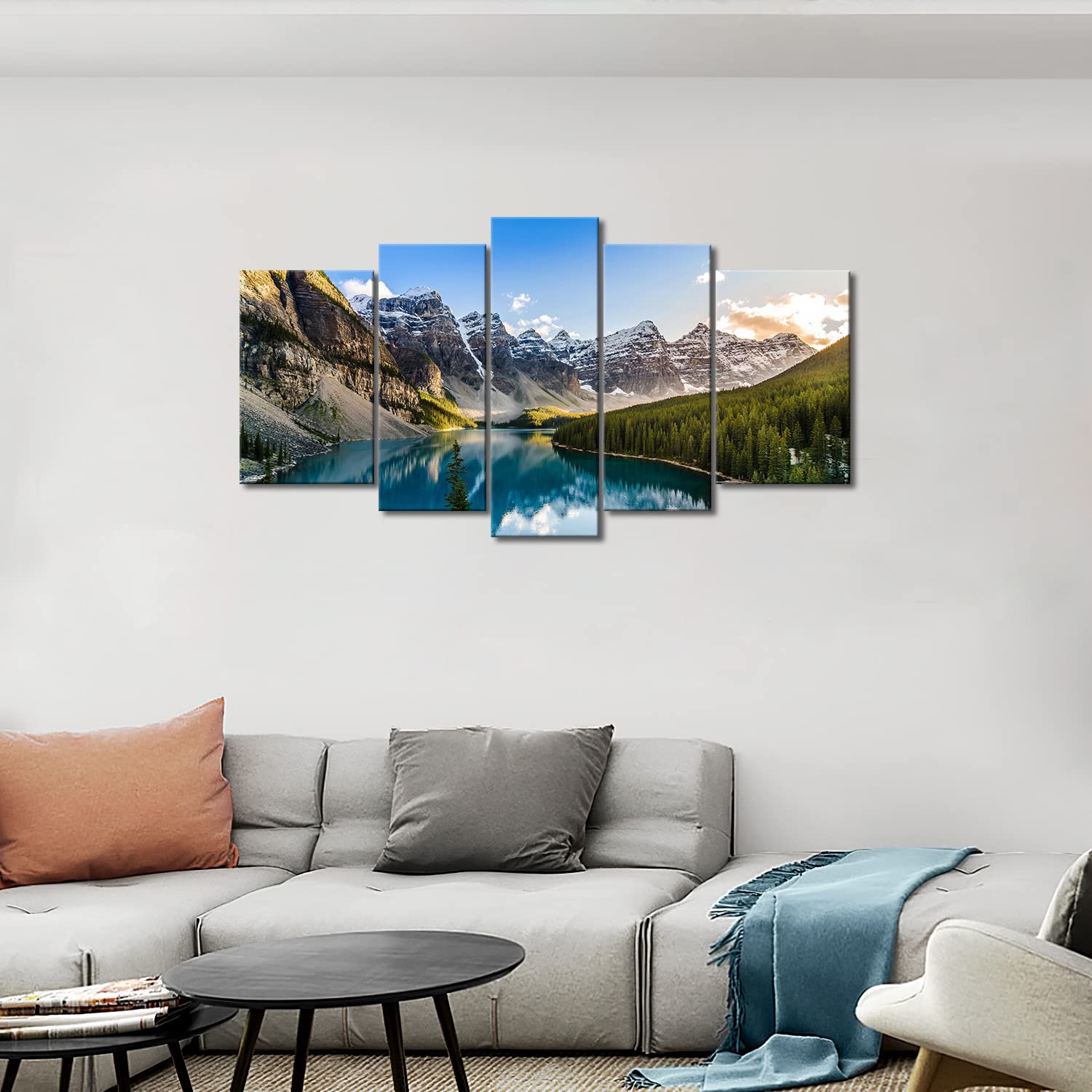 Wall Art Decor Poster Painting On Canvas Print Pictures 5 Pieces Moraine Lake and Mountain Range Sunset Canadian Rocky Mountains Landscape Framed Picture for Home Decoration Living Room Artwork