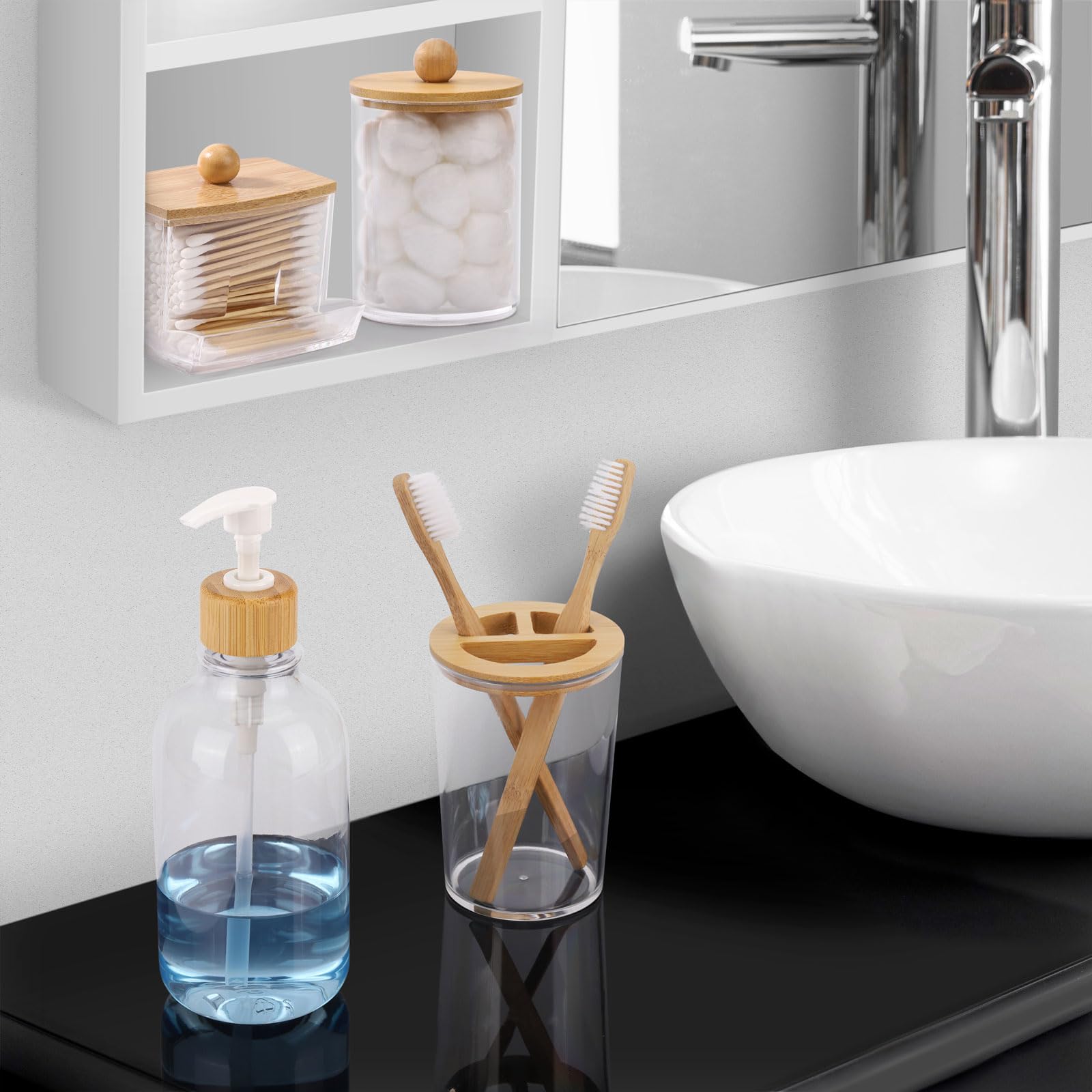 Tbestmax Bamboo Bathroom Accessories Set 4 Pcs - Clear Toothbrush Holder Plastic Soap Dispenser And 2 Qtip Holder Cotton Swab/Pa