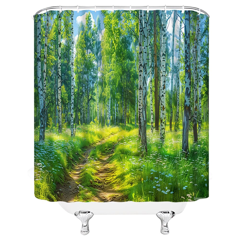 Dsmeue Green Forest Shower Curtain Nature Birch Tree Floral Plant Scenery Landscape Rustic Bathroom Decor Curtain With Hooks,70'