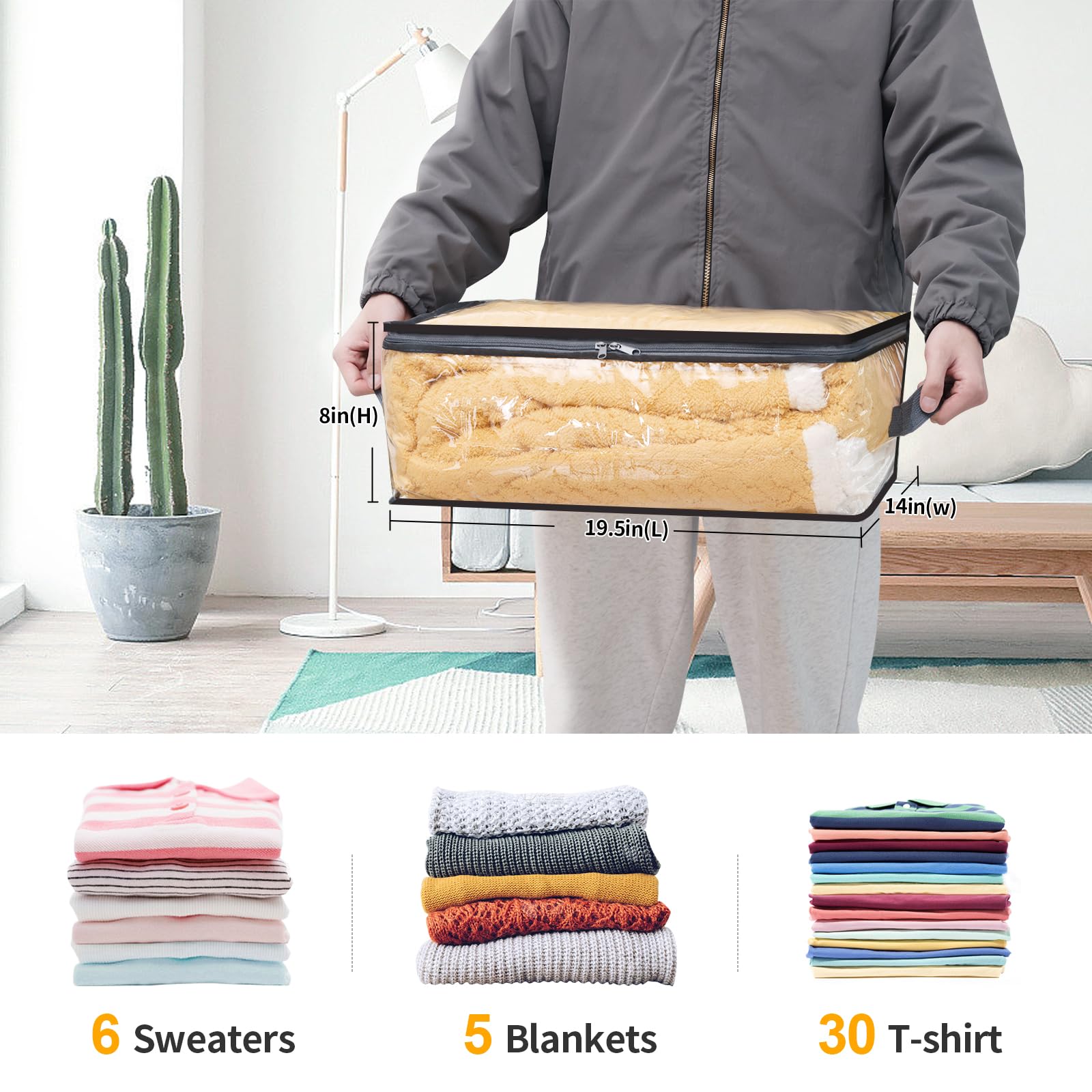 Fixwal 6pcs Clear Storage Bags with Zipper, 35L for Clothes, Bedding, Toys - Grey