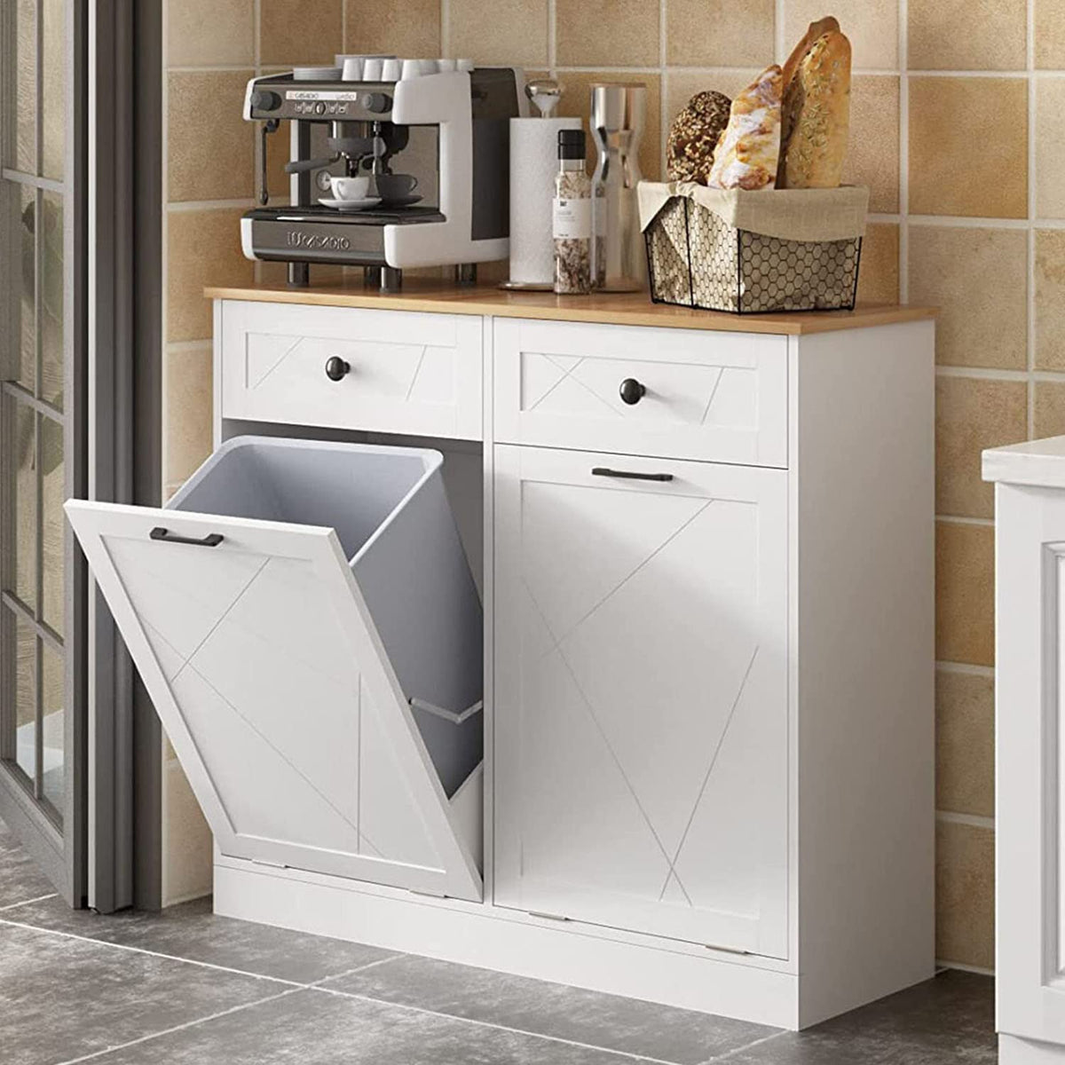 Halitaa Trash Cabinet Double Tit Out Trash Bin, Dog Proof Hideaway Tilt Out Double Trash Can Holder With Two Drawers, Free Stand